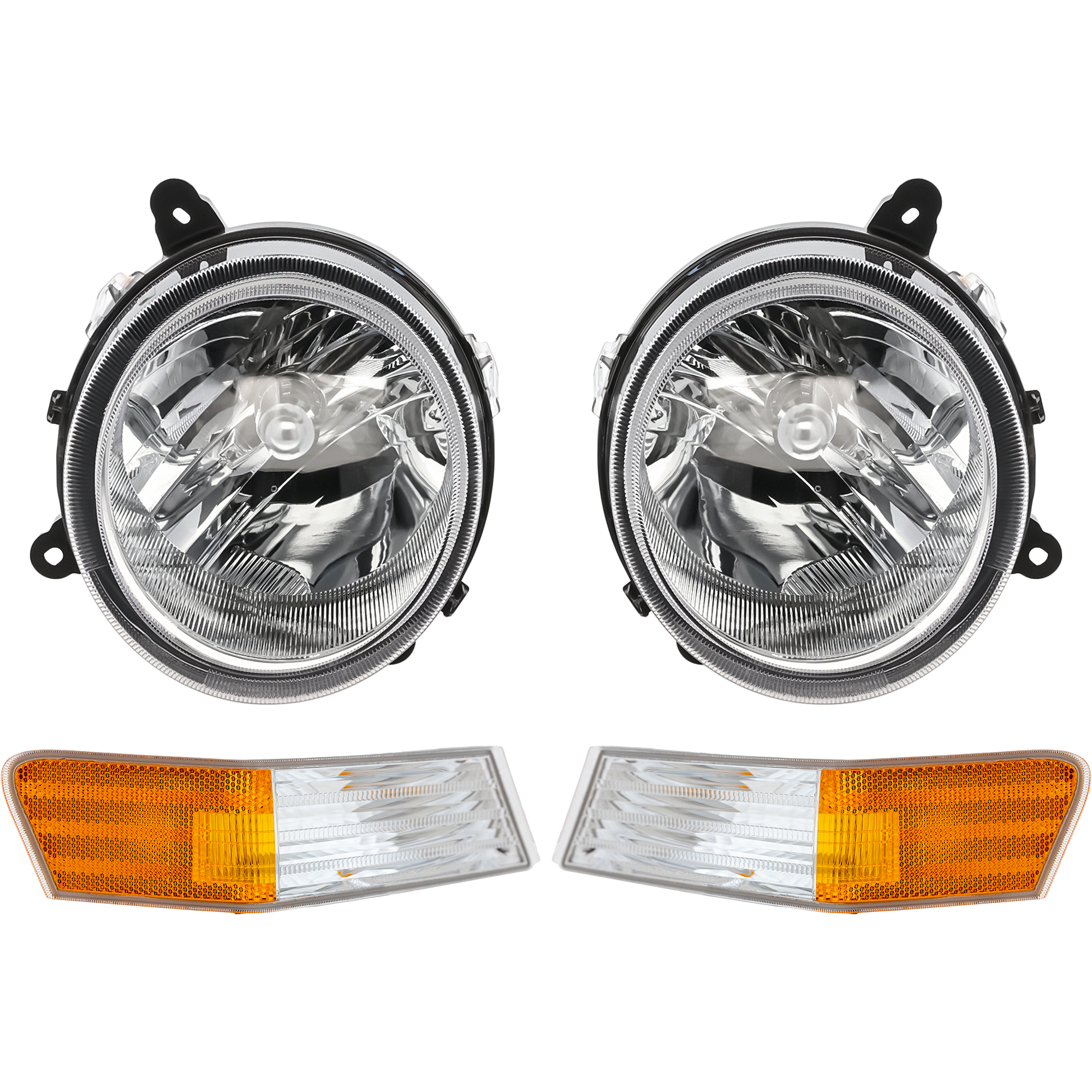 AM PATRIOT 07-17 HEAD LAMP RH AND LH Assembly Halogen 4 pc Kit with Corner Lights SKU KIT 032719-02 Partslink CH2502176 CH2503176 CH2527102 CH2526102 OEM 5303843AE 5303842AE 68004180AC
