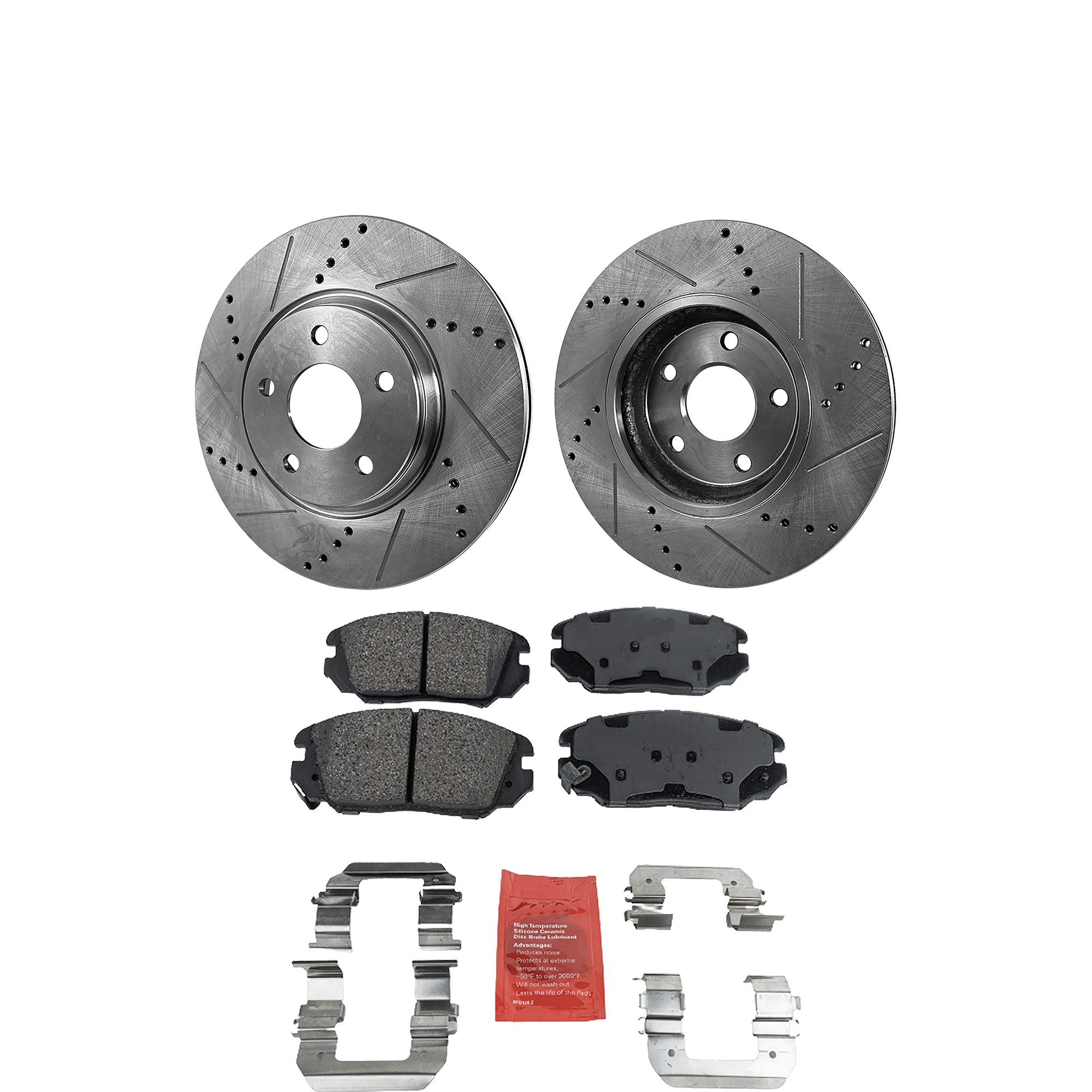 AM SONATA 06-10 FRONT BRAKE DISC AND PAD KIT 4 pc kit Cross drilled and Slotted SKU KIT 032723-09 OEM 31427-60289-145832-0833006-900