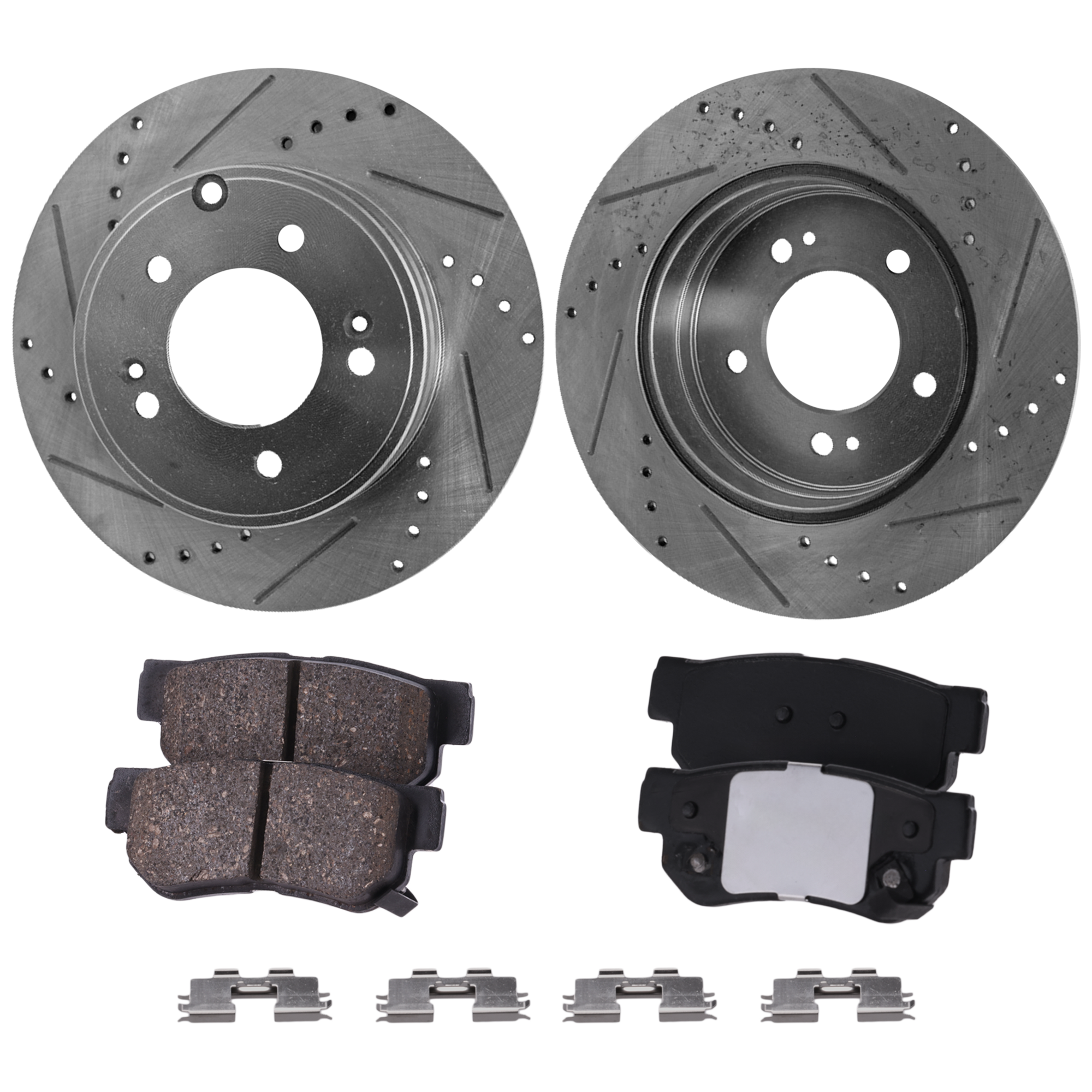 AM SONATA 05-08 AZERA 09-09 REAR BRAKE DISC AND PAD KIT Cross drilled and Slotted Ceramic 4 pc Kit SKU KIT 032723-12 OEM 31424-31586-44625-0833180-9804