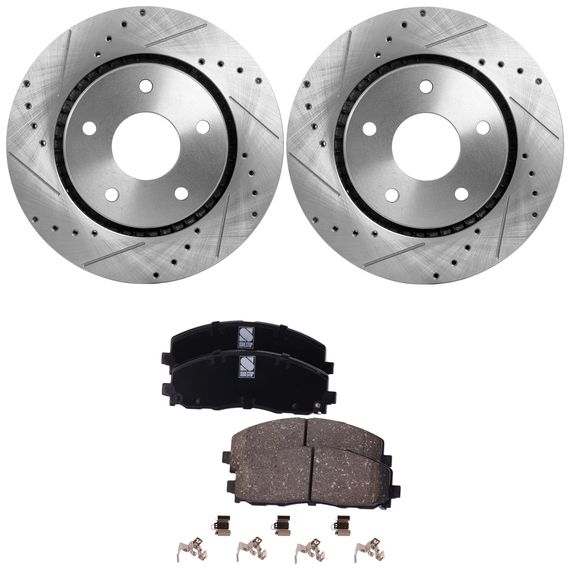 AM JOURNEY 12-13 ROUTAN 12-14 FRONT BRAKE DISC AND PAD KIT 3 pc kit Cross drilled and Slotted 5 Lugs Ceramic SKU KIT 032723-19 OEM 19301-43166-43537-53051-53052