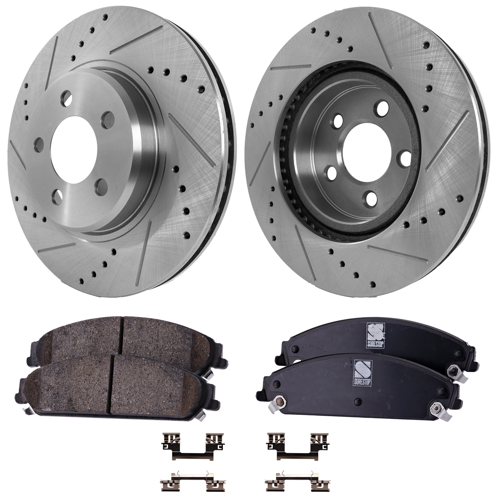 AM MAGNUM 05-08 CHALLENGER 11-29 FRONT BRAKE DISC AND PAD KIT 2 Wheel Set Cross drilled and Slotted SKU KIT 032723-22 OEM 19367-43086-53022-780255-90024