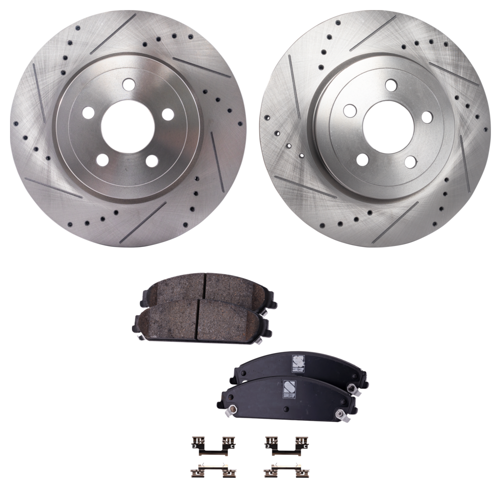 AM CHRYSLER 300-05-18 CHALLENGER 12-19 FRONT BRAKE DISC AND PAD KIT 2 Wheel Set Cross drilled and Slotted SKU KIT 032723-24 OEM 43-087-530-236-320-600-000-000-000