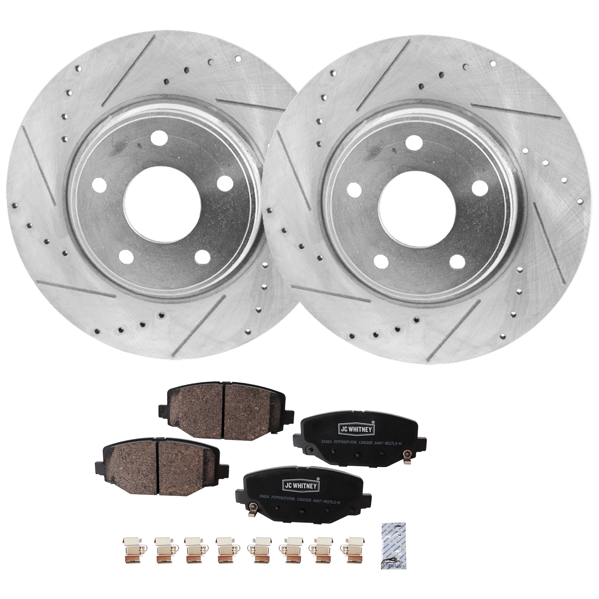 AM GRAND CARAVAN 12-20 REAR BRAKE DISC AND PAD KIT 4 pc Kit Cross drilled and Slotted SKU KIT 032723-28 OEM 43180-53069-780965-850314-6004