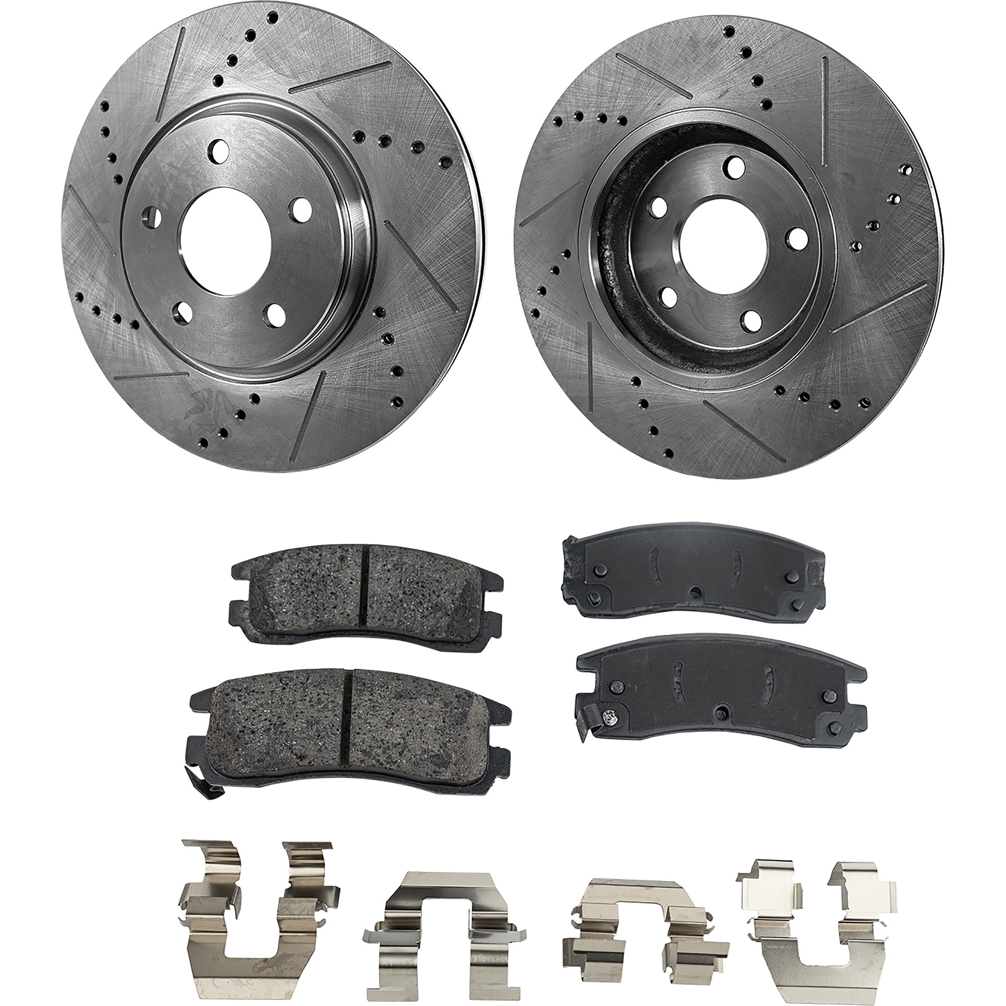 AM IMPALA 10-10 REAR BRAKE DISC AND PAD KIT 4 pc Kit Cross drilled and Slotted SKU KIT 032723-31 OEM 55125-145628-493745-580401-900