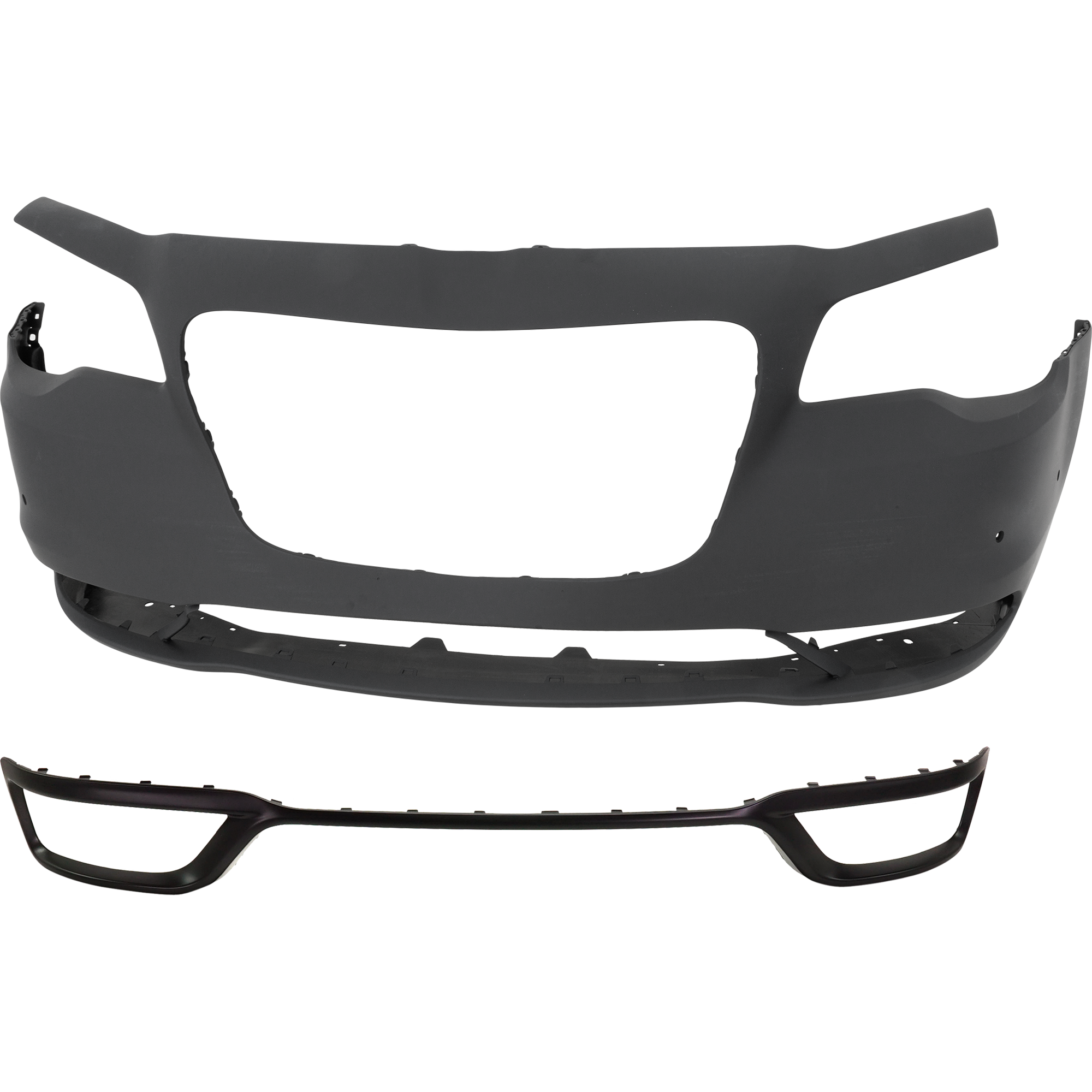 AM CHRYSLER 300-15-23 BUMPER MOLDING Front Center 2 pc Kit Primed with Bumper Cover SKU KIT 032725-20 Partslink CH1044139 CH1000A22 OEM 5RW99TZZAA 5PN42TZZAE