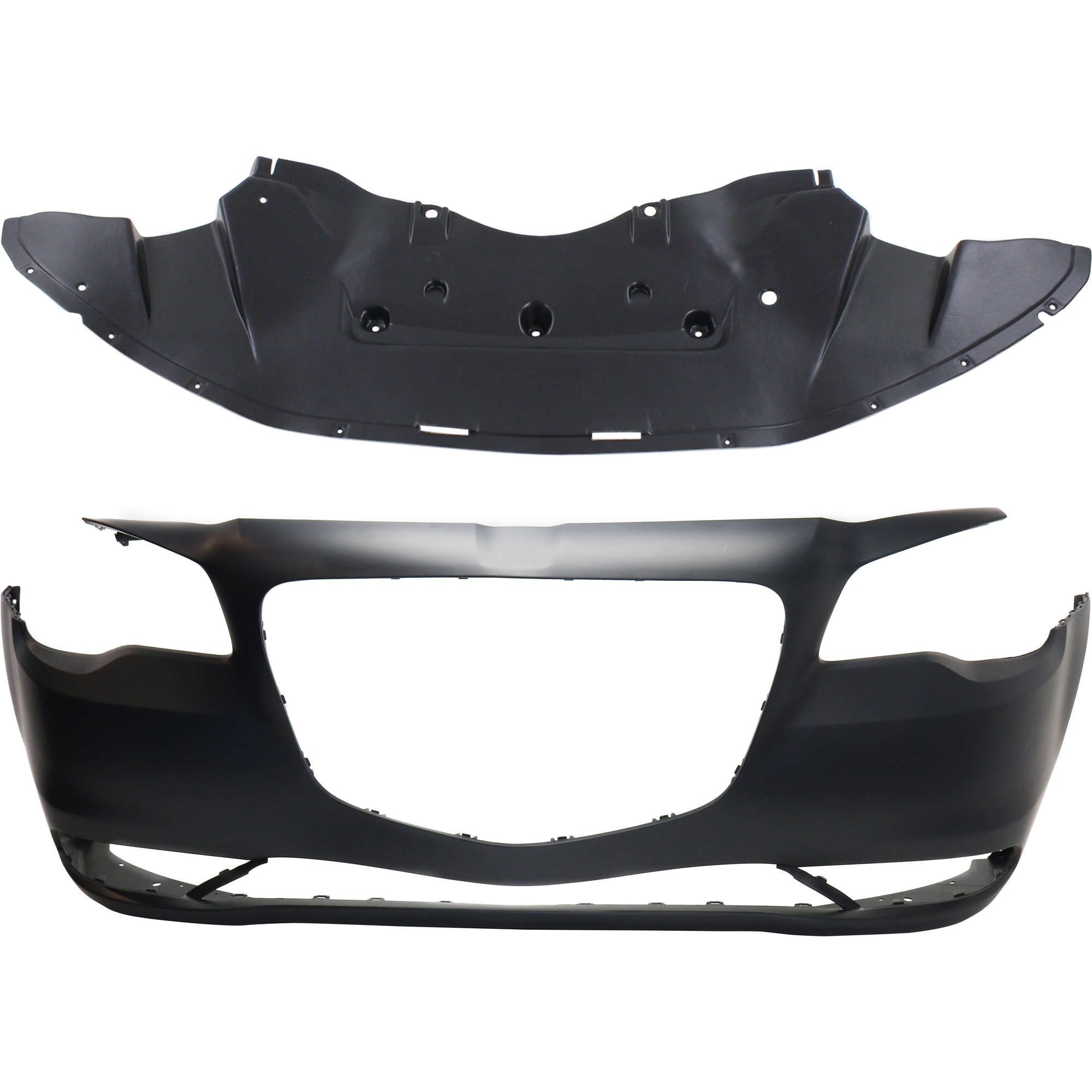 AM CHRYSLER 300-15-23 FRONT BUMPER COVER 2 pc Kit Primed with Bumper Splash Shield SKU KIT 032725-25 Partslink CH1000A21 CH1228108 OEM 5PN41TZZAE 57010303AG
