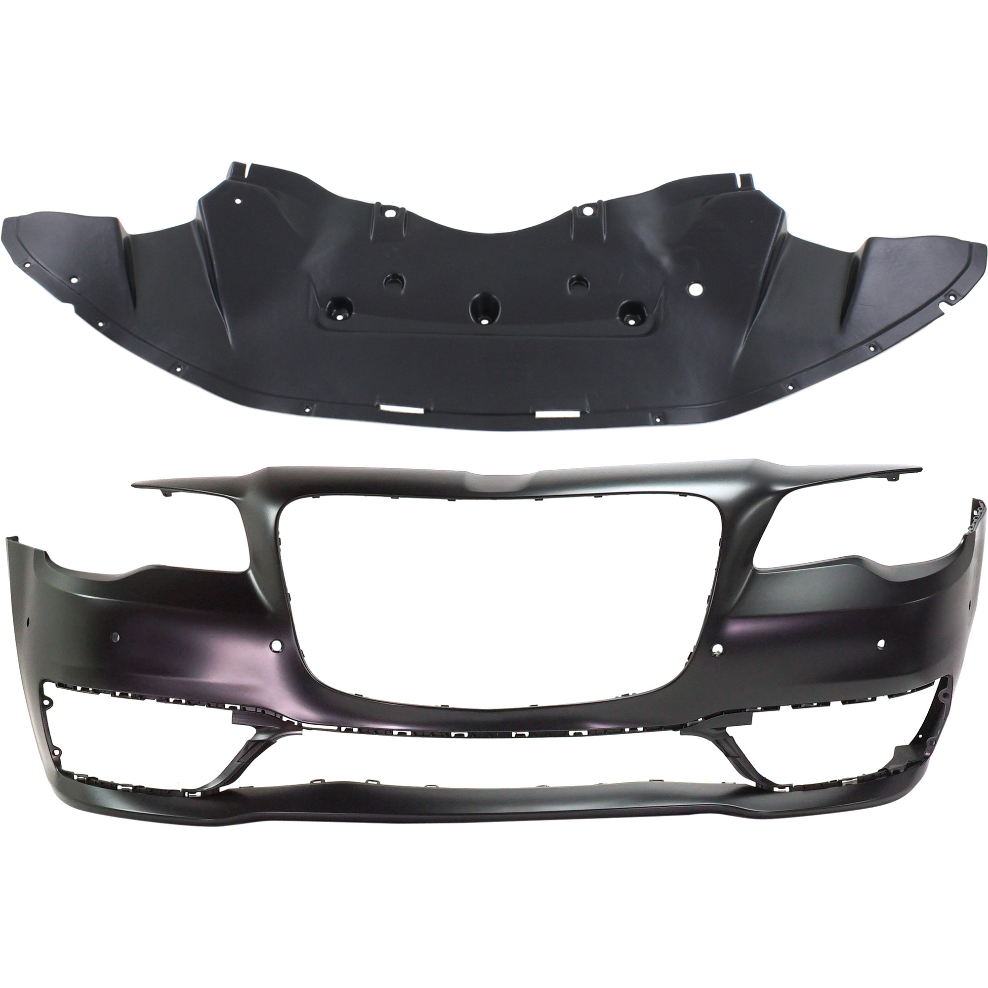 AM CHRYSLER 300-17-23 FRONT BUMPER COVER 2 pc Kit Primed with Bumper Splash Shield SKU KIT 032725-28 Partslink CH1000A35 CH1228108 OEM 5PP57TZZAD 57010303AG
