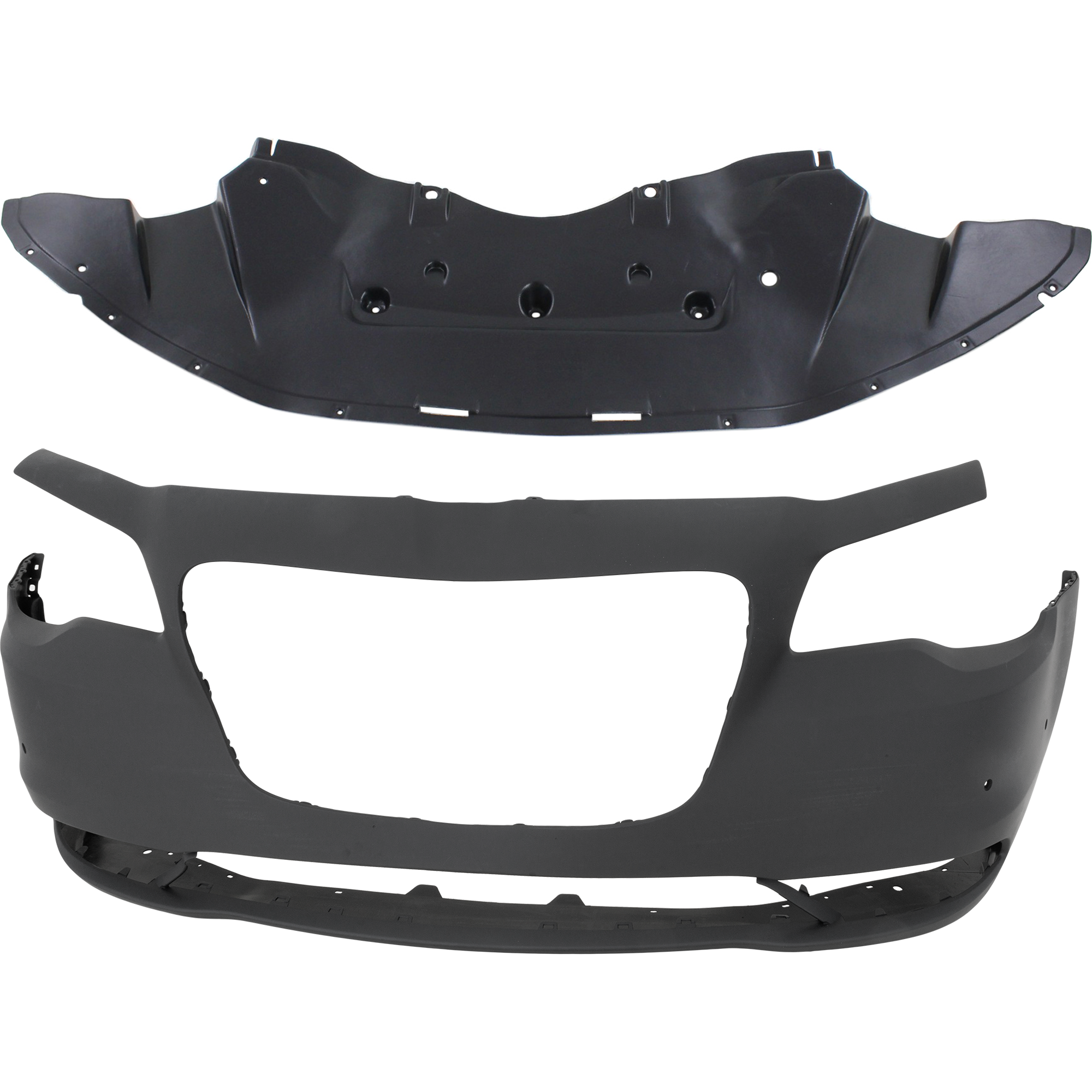 AM CHRYSLER 300-15-23 FRONT BUMPER COVER 2 pc Kit Primed with Bumper Splash Shield SKU KIT 032725-29 Partslink CH1000A22 CH1228108 OEM 5PN42TZZAE 57010303AG
