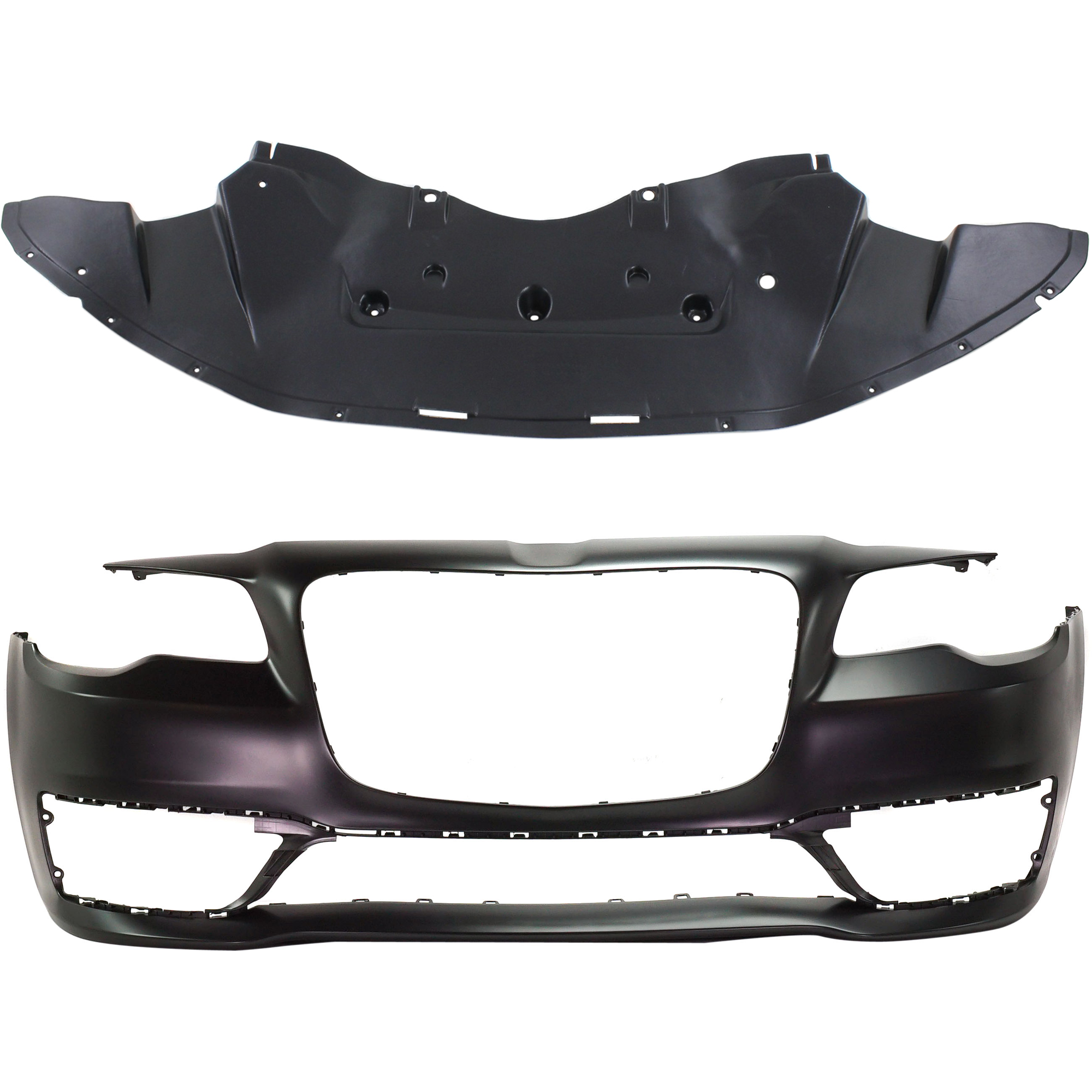 AM CHRYSLER 300-17-23 FRONT BUMPER COVER 2 pc Kit Primed with Bumper Splash Shield SKU KIT 032725-30 Partslink CH1000A36 CH1228108 OEM 5PP58TZZAD 57010303AG
