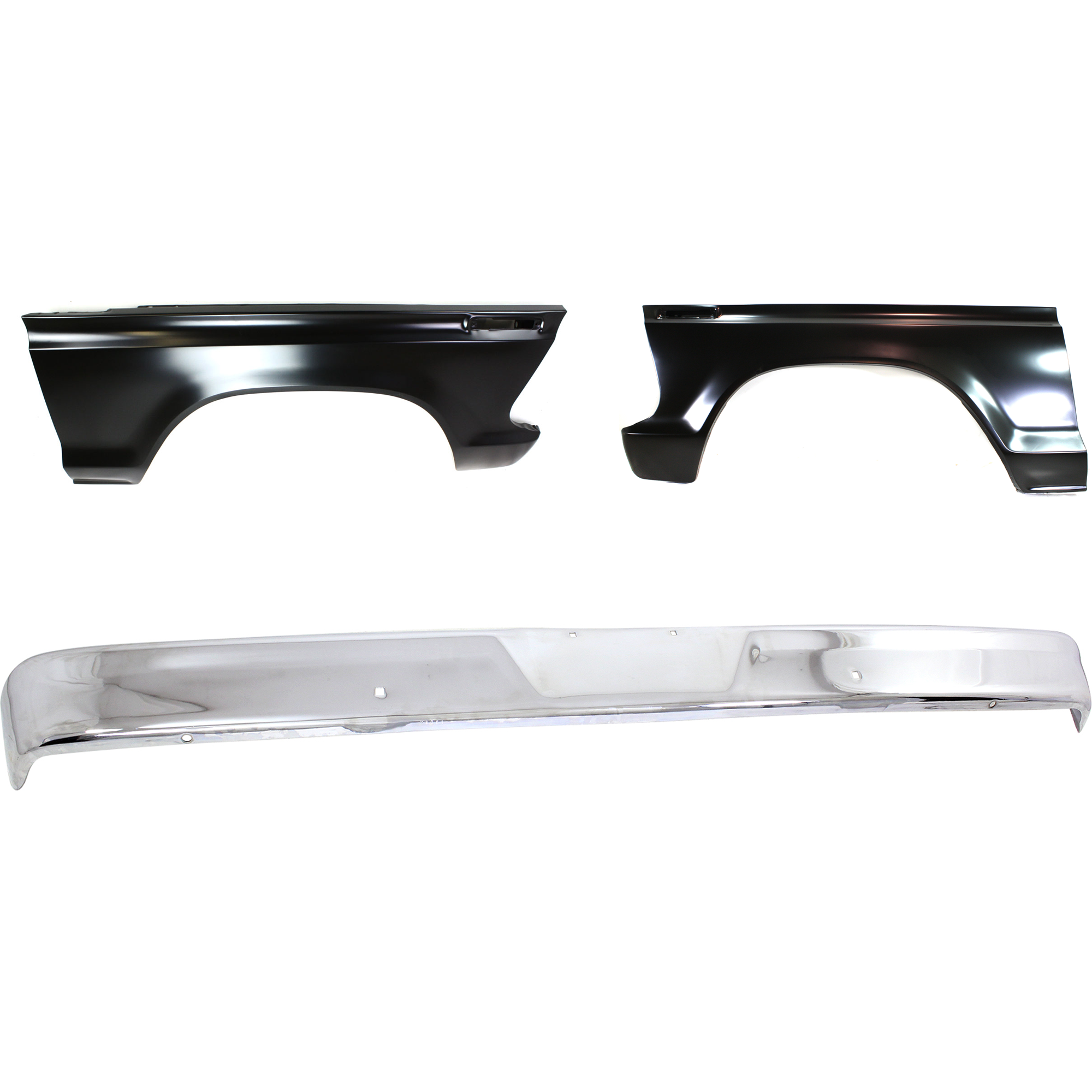 AM F 100 F 250-73-77 FRONT BUMPER 3 pc kit Chrome w Fender SKU KIT 032725-32 Partslink FO1002102 FO1241106 FO1240105 OEM C4TZ17757D D9TZ16005A D9TZ1600