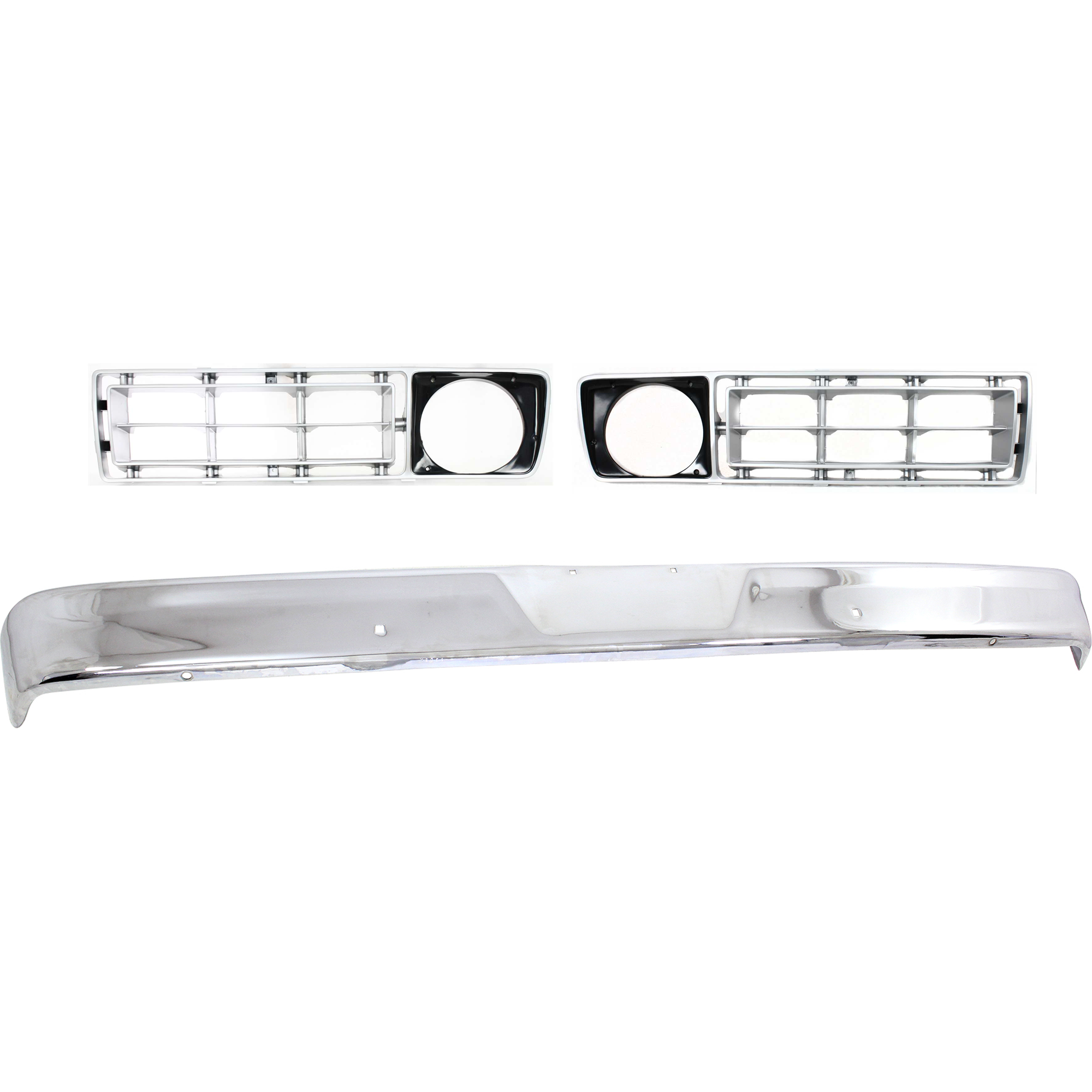 AM F 500 F 150-76-77 FRONT BUMPER 3 pc kit Chrome w Grille Assembly SKU KIT 032725-36 Partslink FO1002102 FO1200107 FO1200106 OEM C4TZ17757D D6TZ8151A D6TZ8150A