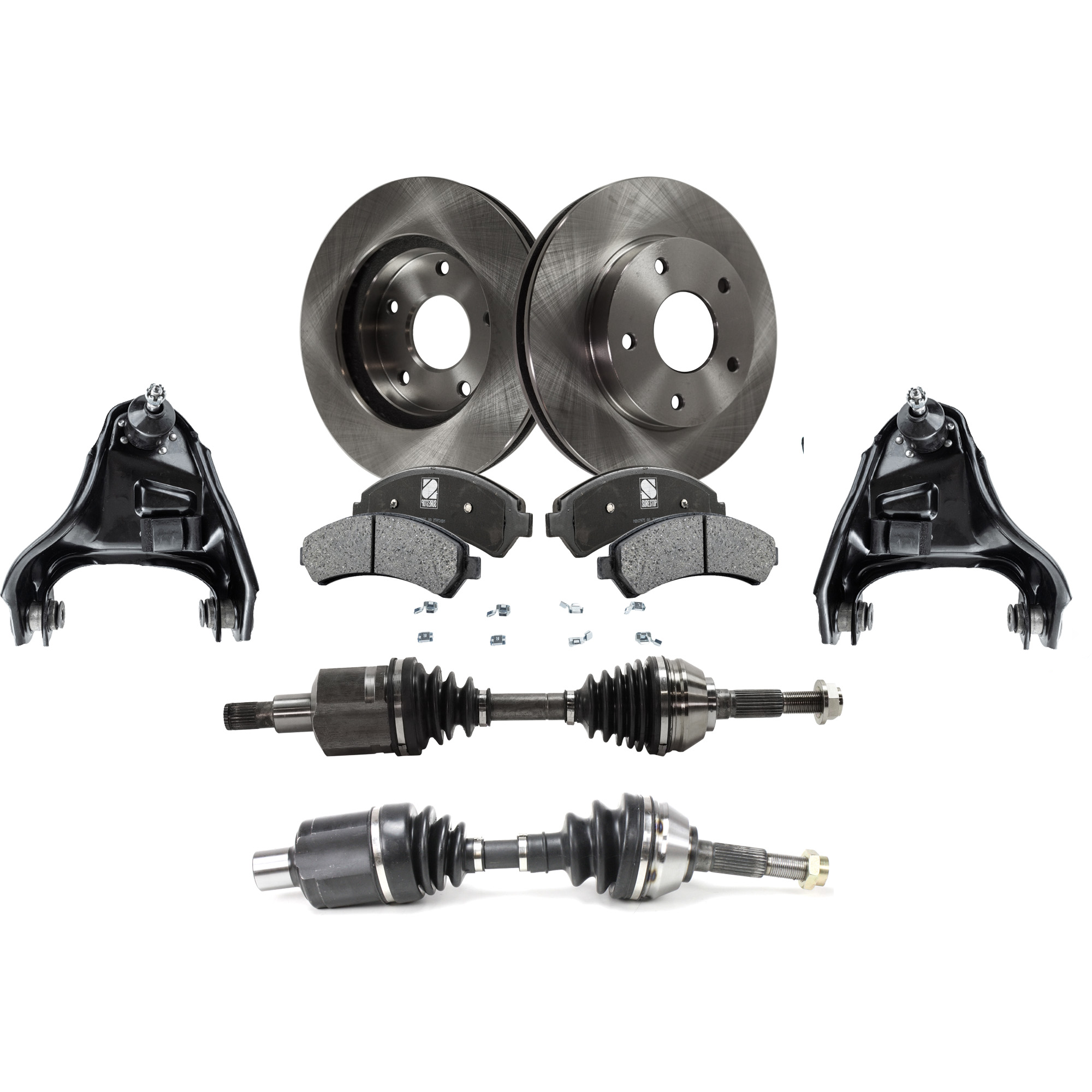 AM BLAZER 98-05 BRAVADA 97-01 FRONT CV AXLE ASSEMBLY RH AND LH 8 pc kit with Brake Discs Brake Pad Set and Control Arms SKU KIT 032822-029 Partslink GM4513100 GM4512100 OEM 15733699-18029791-18029863-180
