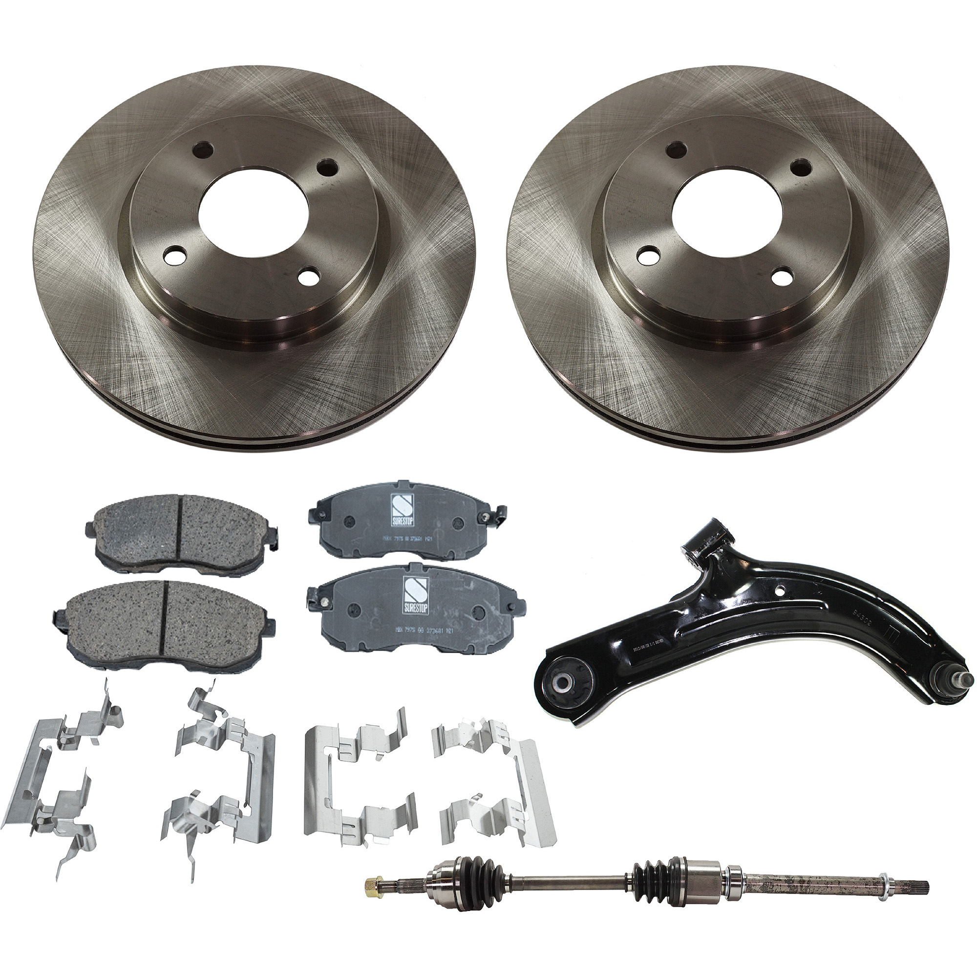 AM CUBE 09-14 VERSA 07-12 FRONT CV AXLE ASSEMBLY RH 6 pc kit with Brake Discs Brake Pad Set and Control Arm SKU KIT 032822-031 OEM 40206ET00A 40206ET00C 40206ET0