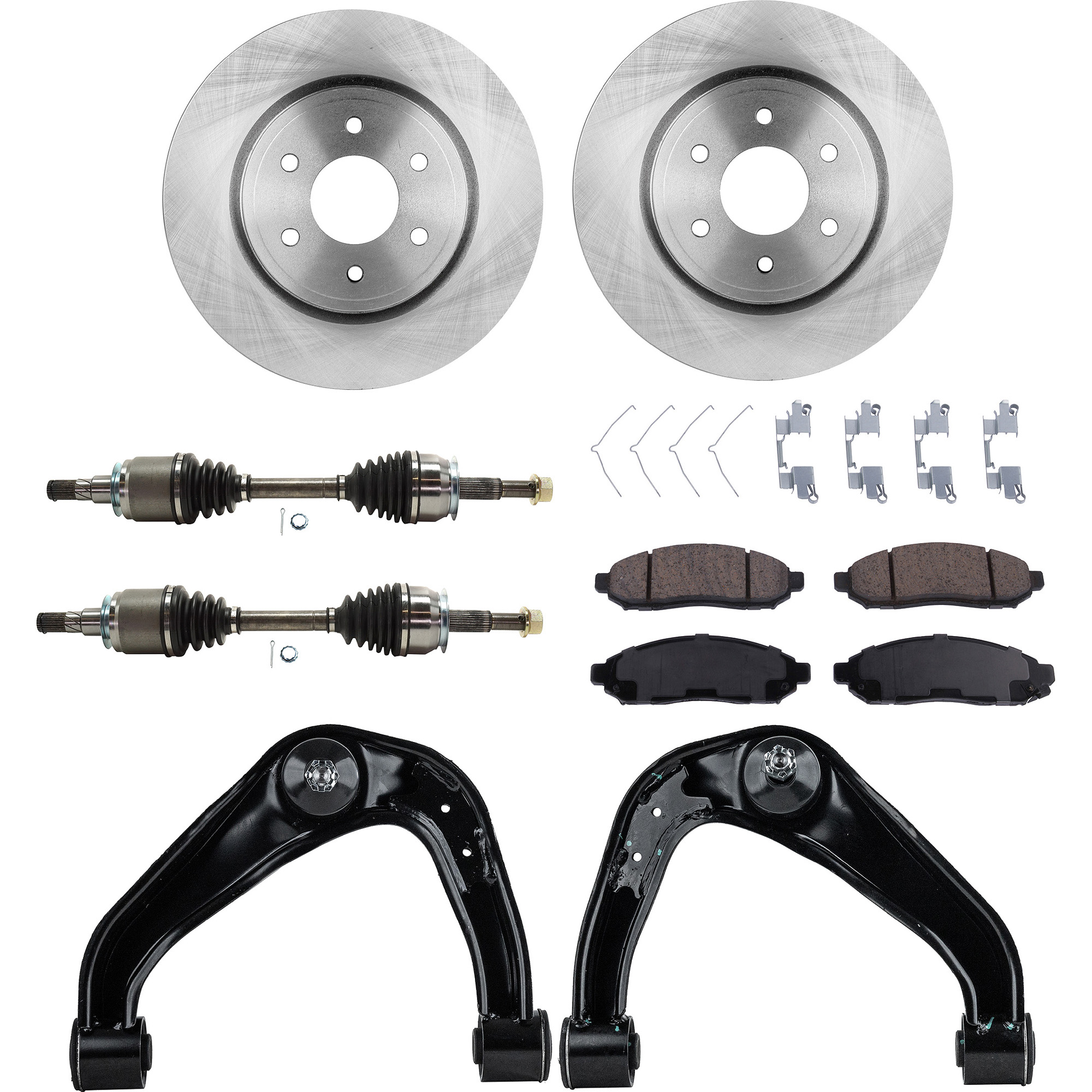 AM FRONTIER 05-19 XTERRA 05-15 FRONT CV AXLE ASSEMBLY RH AND LH 8 pc Kit with Brake Disc Brake Pad Set and Control Arm SKU KIT 032822-061 OEM 40206EB300-40206EA00A 402069BE