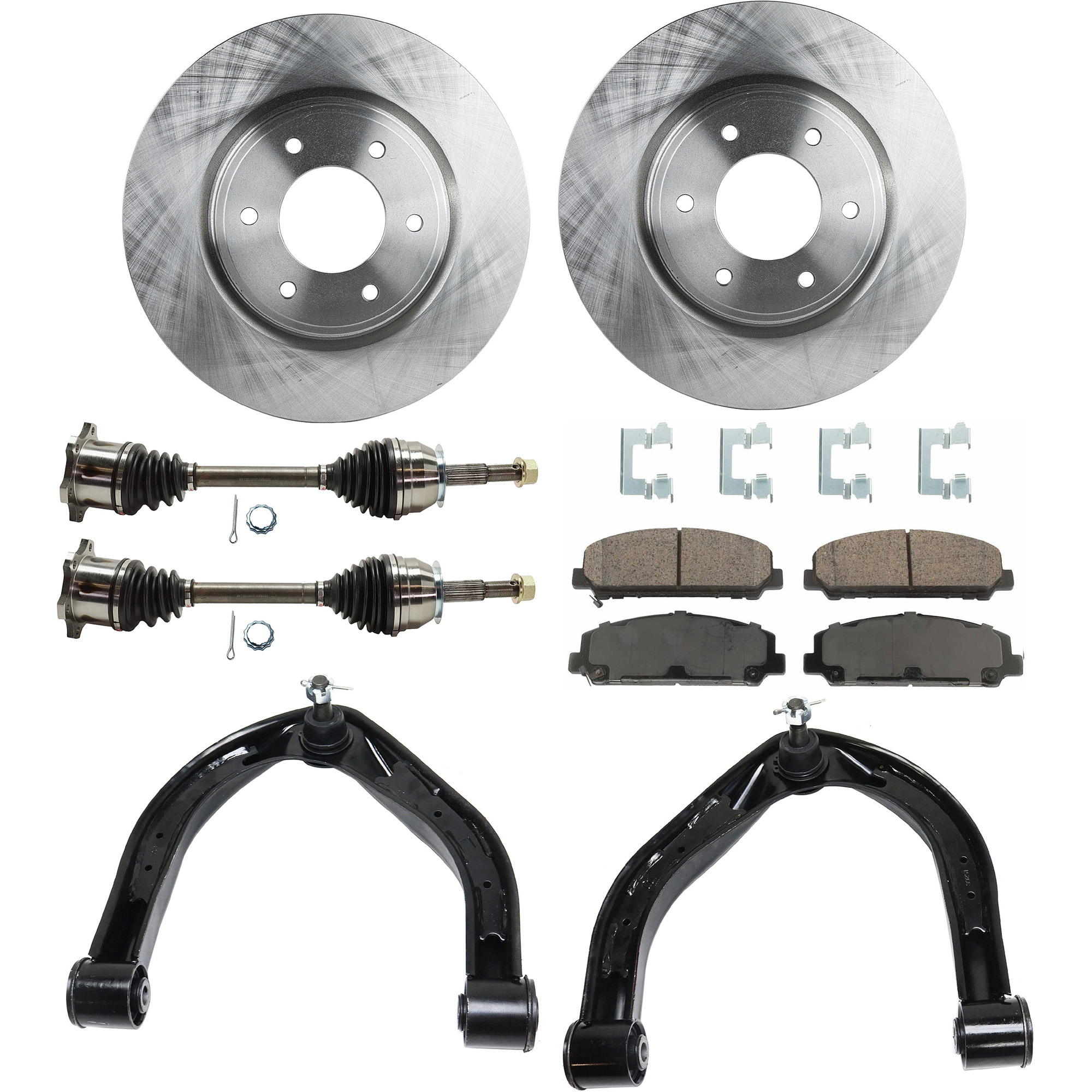 AM ARMADA TITAN 08-15 FRONT CV AXLE ASSEMBLY RH AND LH 8 pc kit with Brake Disc Brake Pad Set and Control Arm SKU KIT 032822-067 OEM 40206ZR00A 402069FF0B 5521082Z