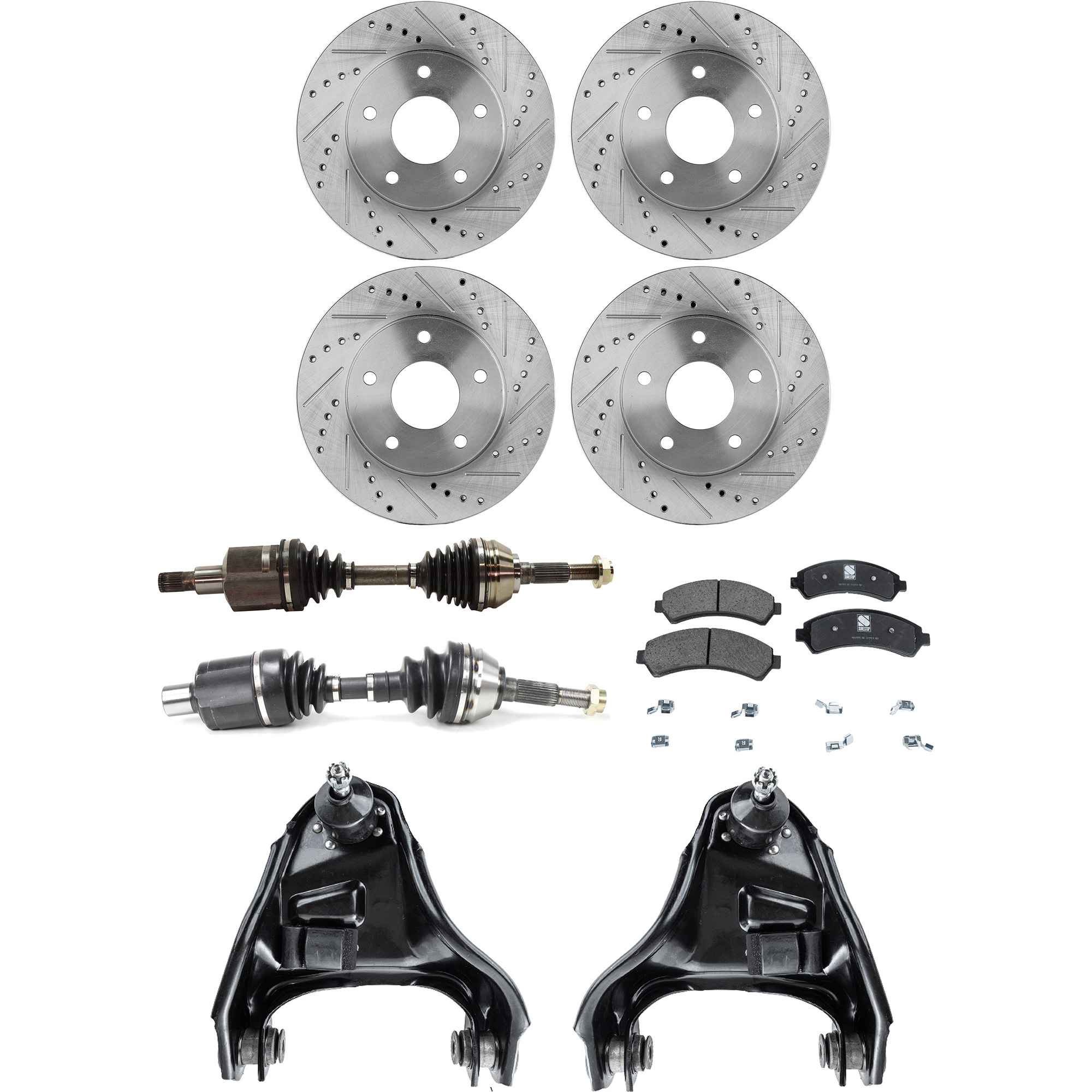 AM BLAZER 98-05 BRAVADA 97-01 FRONT CV AXLE ASSEMBLY RH AND LH 8 pc kit with Brake Discs Brake Pad Set and Control Arms SKU KIT 032822-099 Partslink GM4512100 GM4513100 OEM 19848-55047-56694-65975-101708