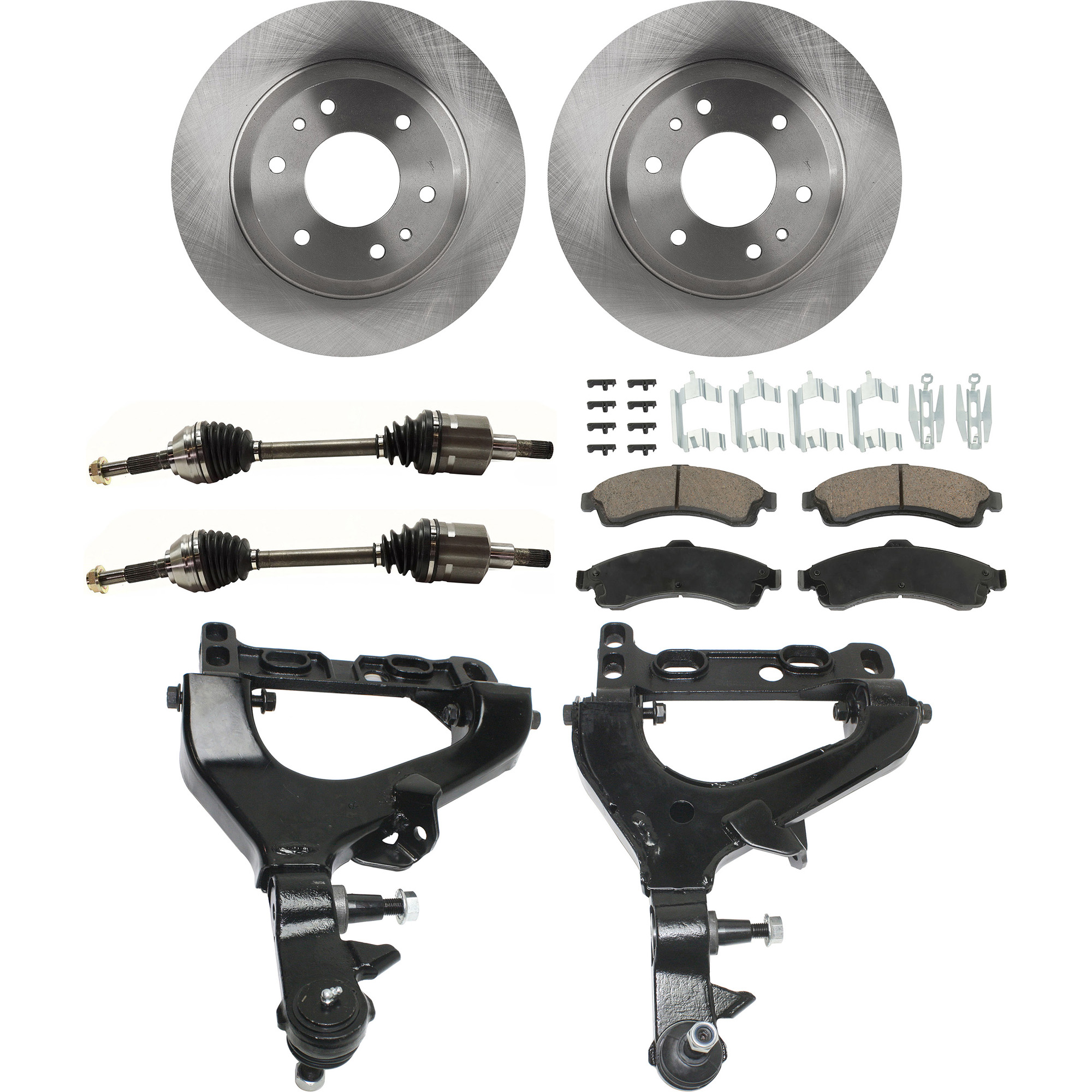 AM BRAVADA ENVOY TRAILBLAZER 02-03 FRONT CONTROL ARM KIT RH AND LH Lower 7 pc Kit with Axle Assemblies Brake Discs and Brake Pad Set SKU KIT 032822-222 OEM 26079789-8260797890-8180606640