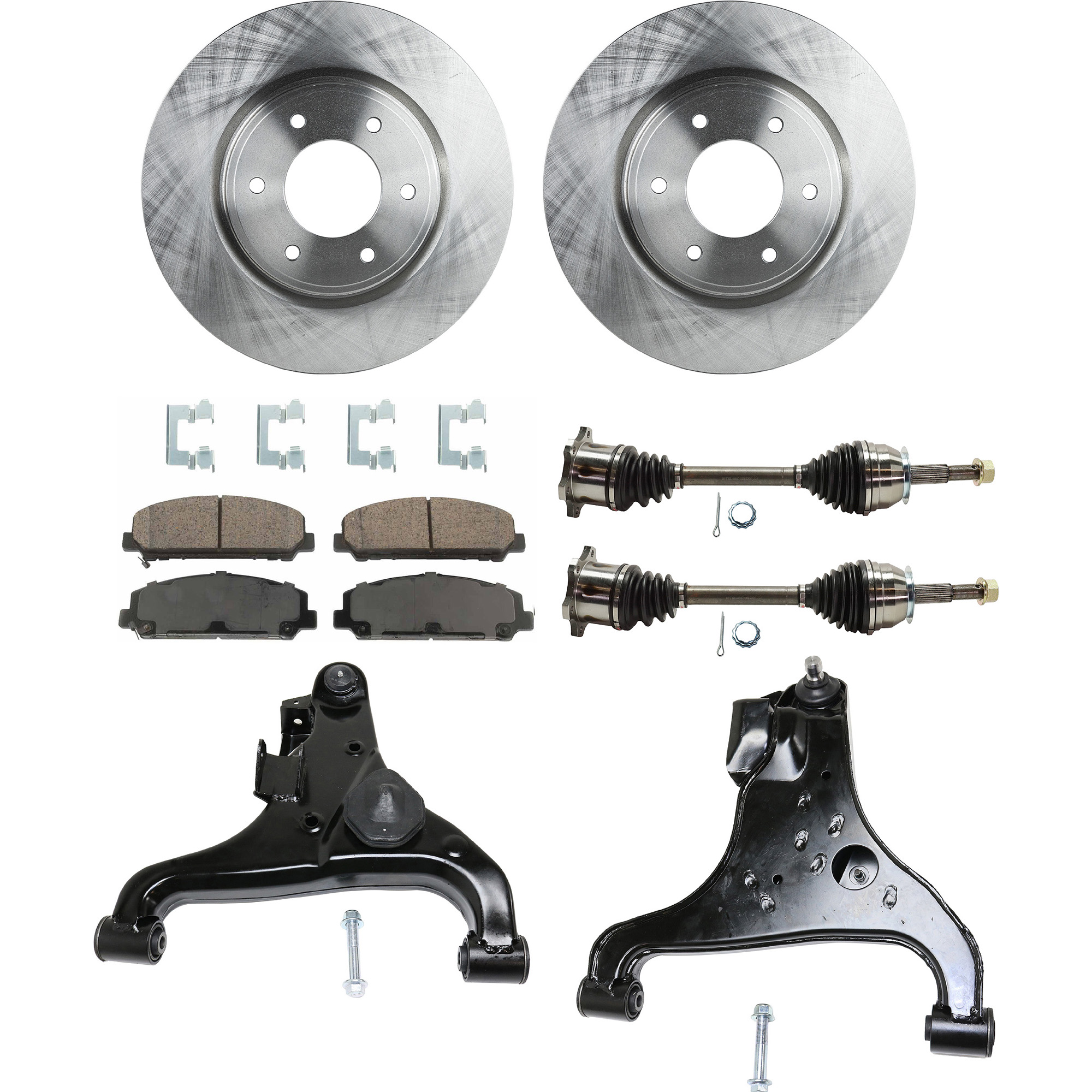 AM ARMADA TITAN 08-15 FRONT CONTROL ARM RH AND LH Lower 7 pc kit with Axle Assemblies Brake Disc and Brake Pad Set SKU KIT 032822-227 OEM 40206ZR00A 402069FF0B 5521082Z
