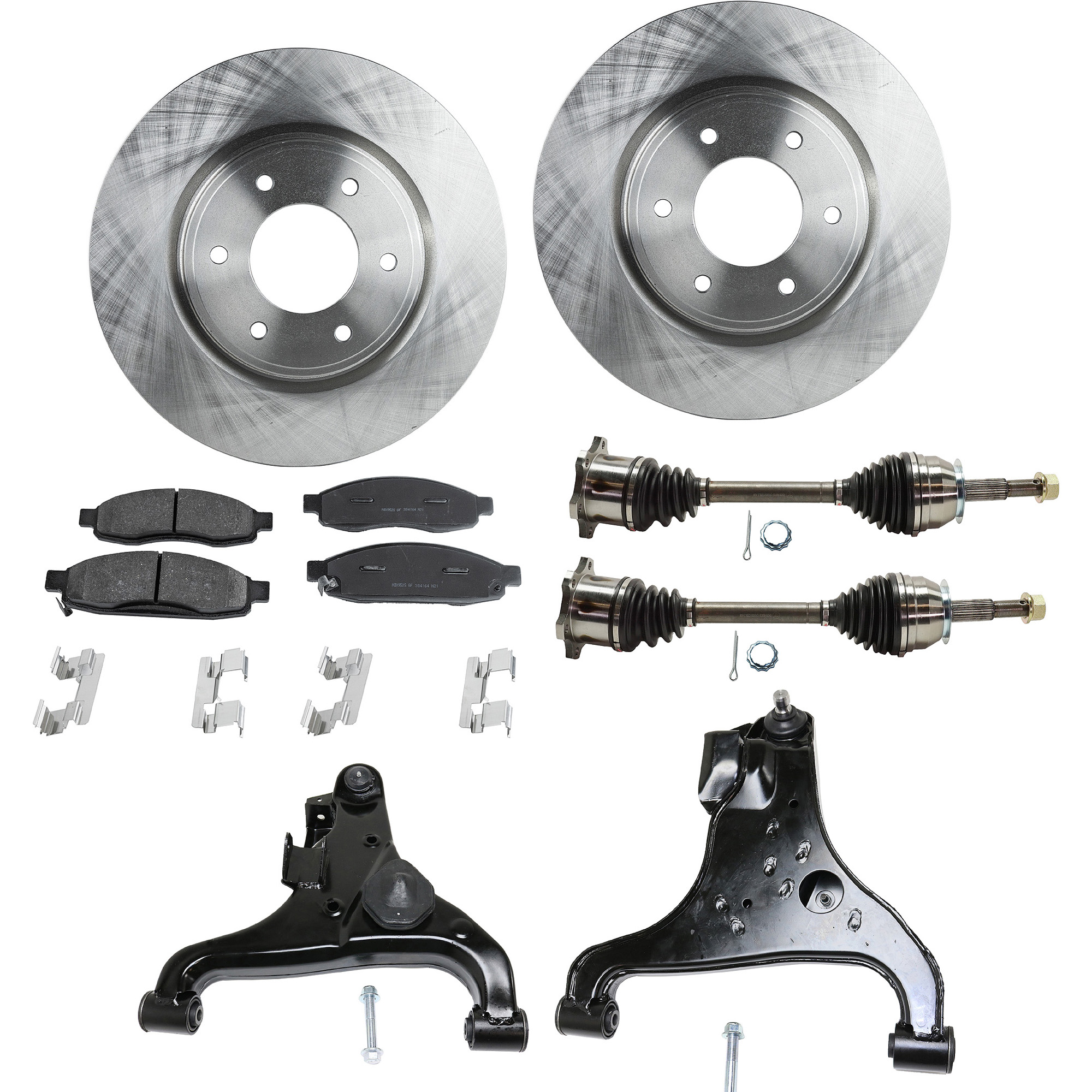 AM TITAN 07-07 FRONT CONTROL ARM RH AND LH Lower 7 pc kit with Axle Assemblies Brake Discs and Brake Pad Set SKU KIT 032822-230 OEM 40206ZR00A 402069FF0B 41060ZC0