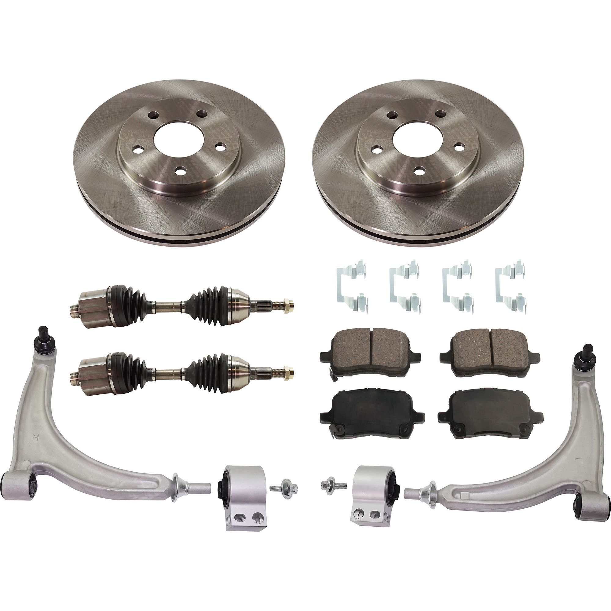 AM MALIBU 04-06 FRONT CONTROL ARM RH AND LH Lower 7 pc kit with Axle Assemblies and Brake Discs and Brake Pad Set SKU KIT 032822-233 OEM 227-053-021-585-666-000-000-000-000