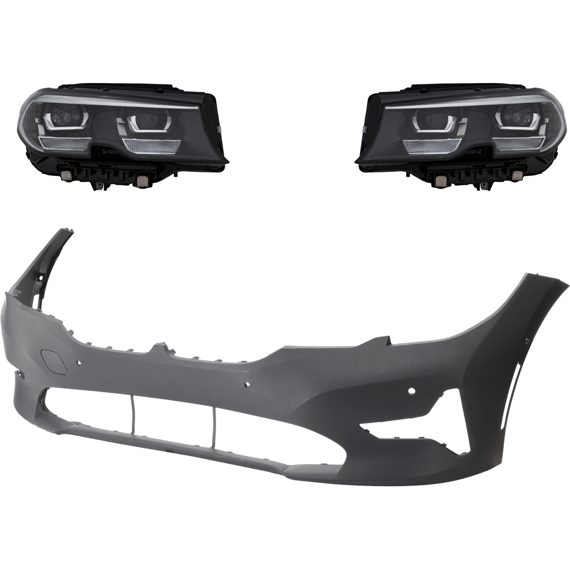 AM 330I 330I XDRIVE 19-22 HEAD LAMP RH AND LH Assembly LED 3 pc Kit with Bumper Cover SKU KIT 032826-06 Partslink BM2502196 BM2503196 BM1000532 OEM 63118496153-63118496154-511184