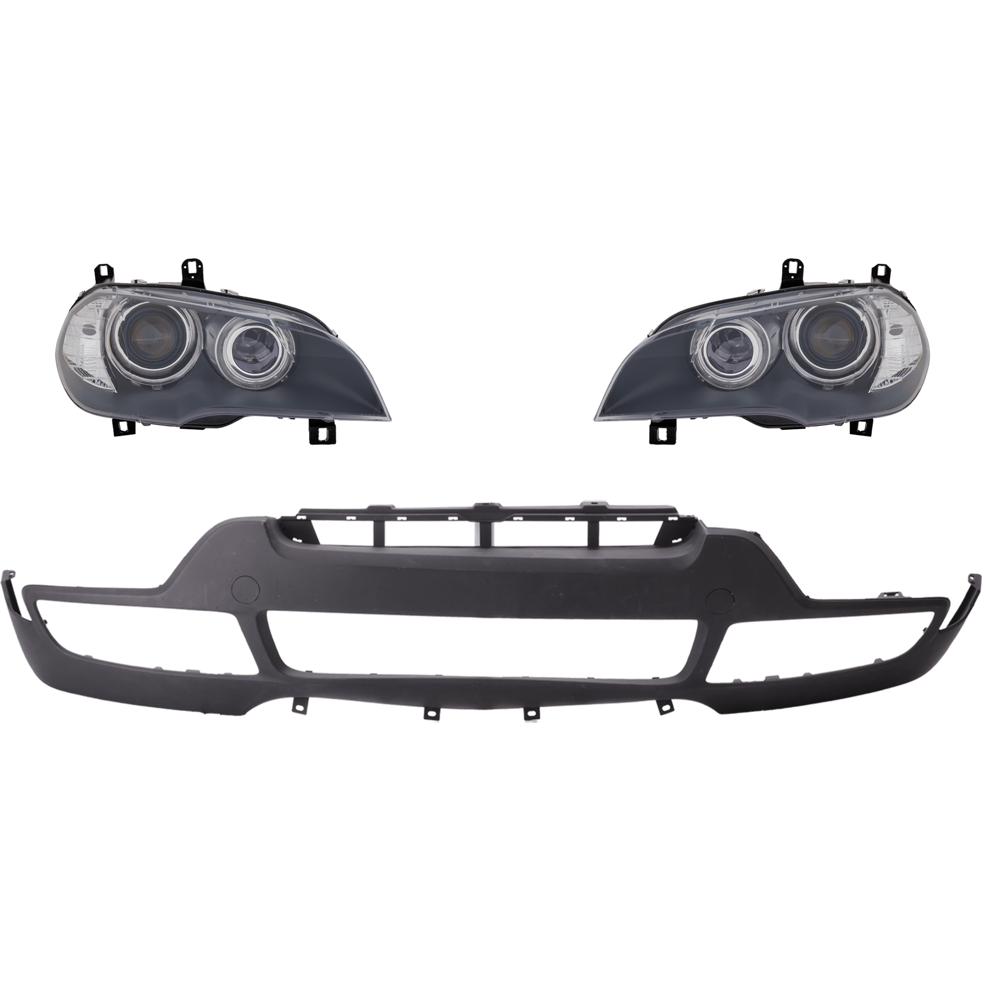AM X5-07-10 HEAD LAMP RH AND LH Lens and Housing HID Xenon 3 pc Kit with Bumper Cover SKU KIT 032826-07 Partslink BM2518114 BM2519114 BM1000191 OEM 63117289001-63117289002-511171