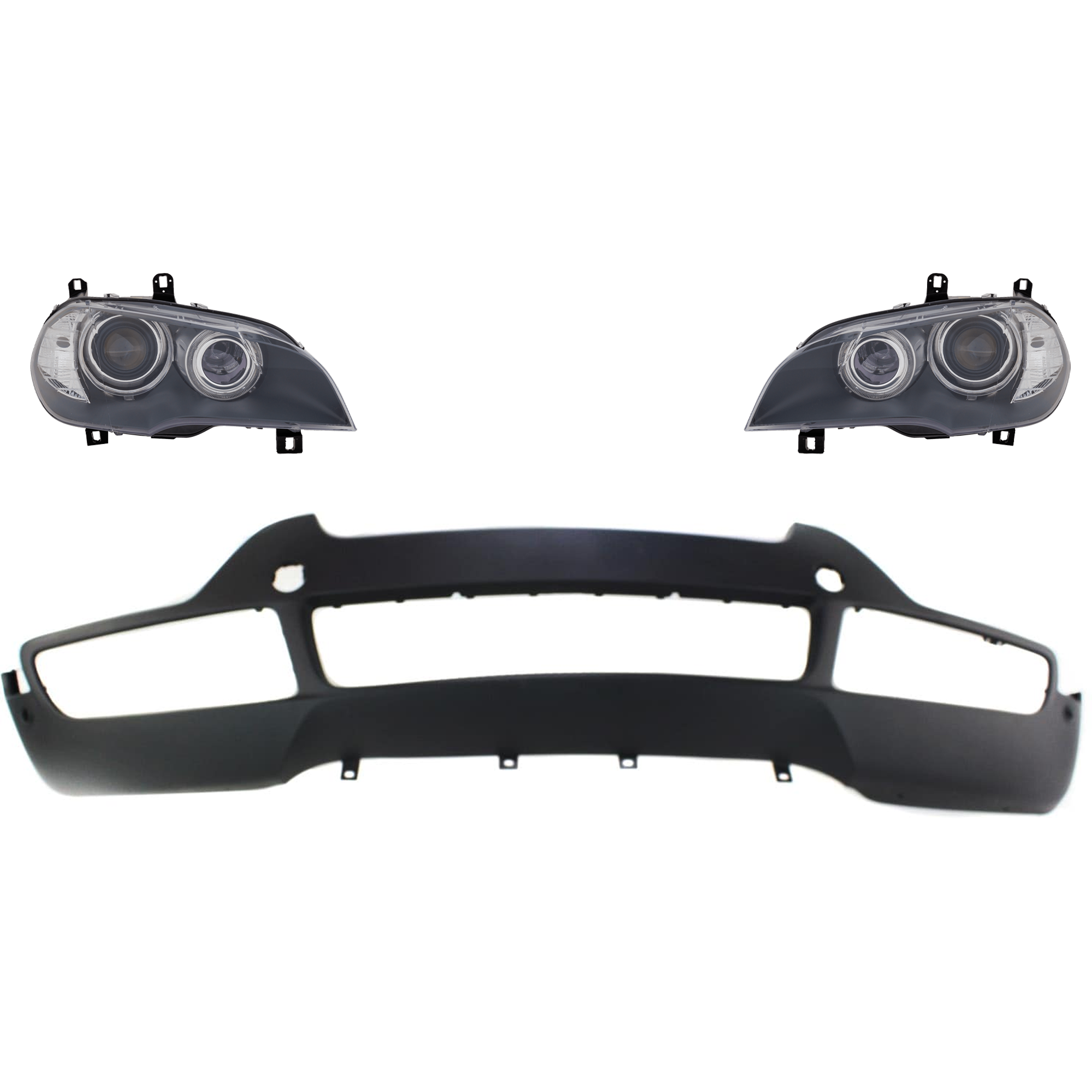 AM X5-07-10 HEAD LAMP RH AND LH 3 pc Kit Lens and Housing HID Xenon with Bumper Cover SKU KIT 032826-08 Partslink BM2518114 BM2519114 BM1000190 OEM 63117289001-63117289002-511171
