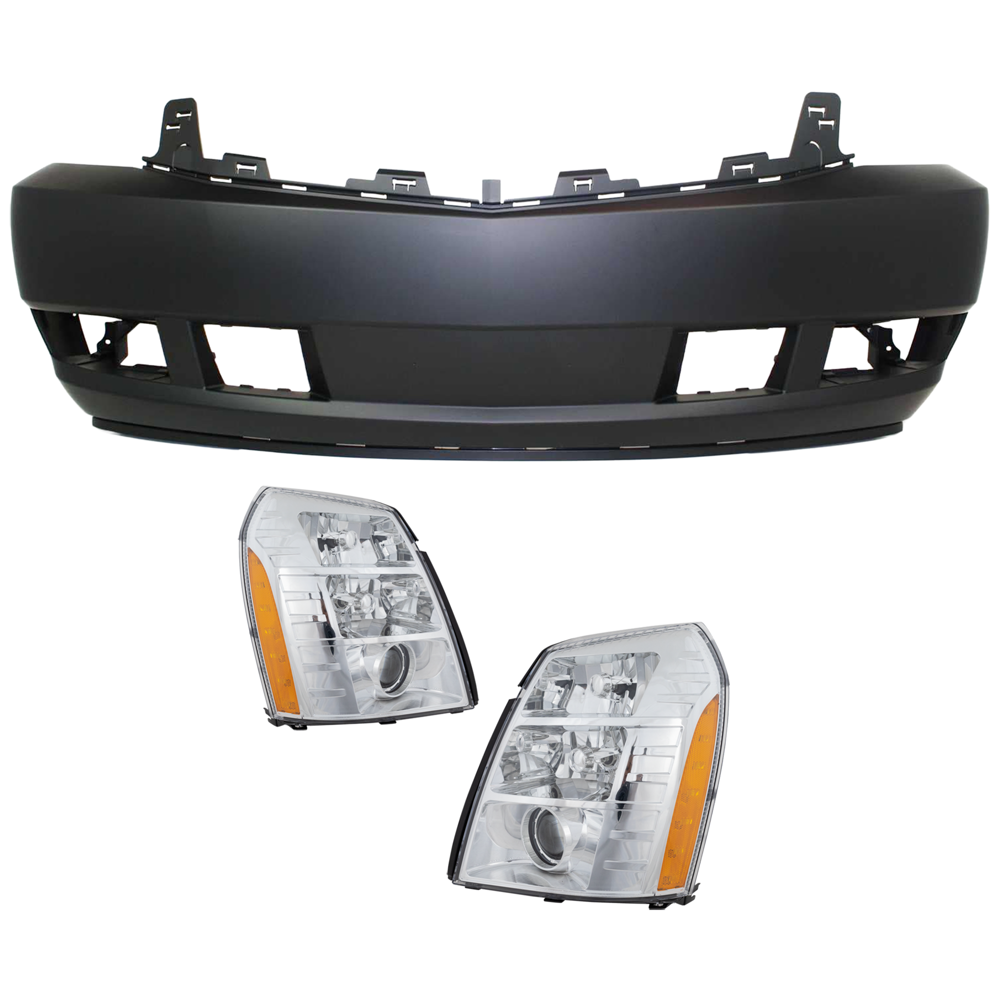 AM ESCALADE ESCALADE ESV 07-09 HEAD LAMP RH AND LH 3 pc Kit Assembly HID Xenon with Bumper Cover SKU KIT 032826-09 Partslink GM2502291 GM2503291 GM1000816 OEM 25897648-25897649-25814554