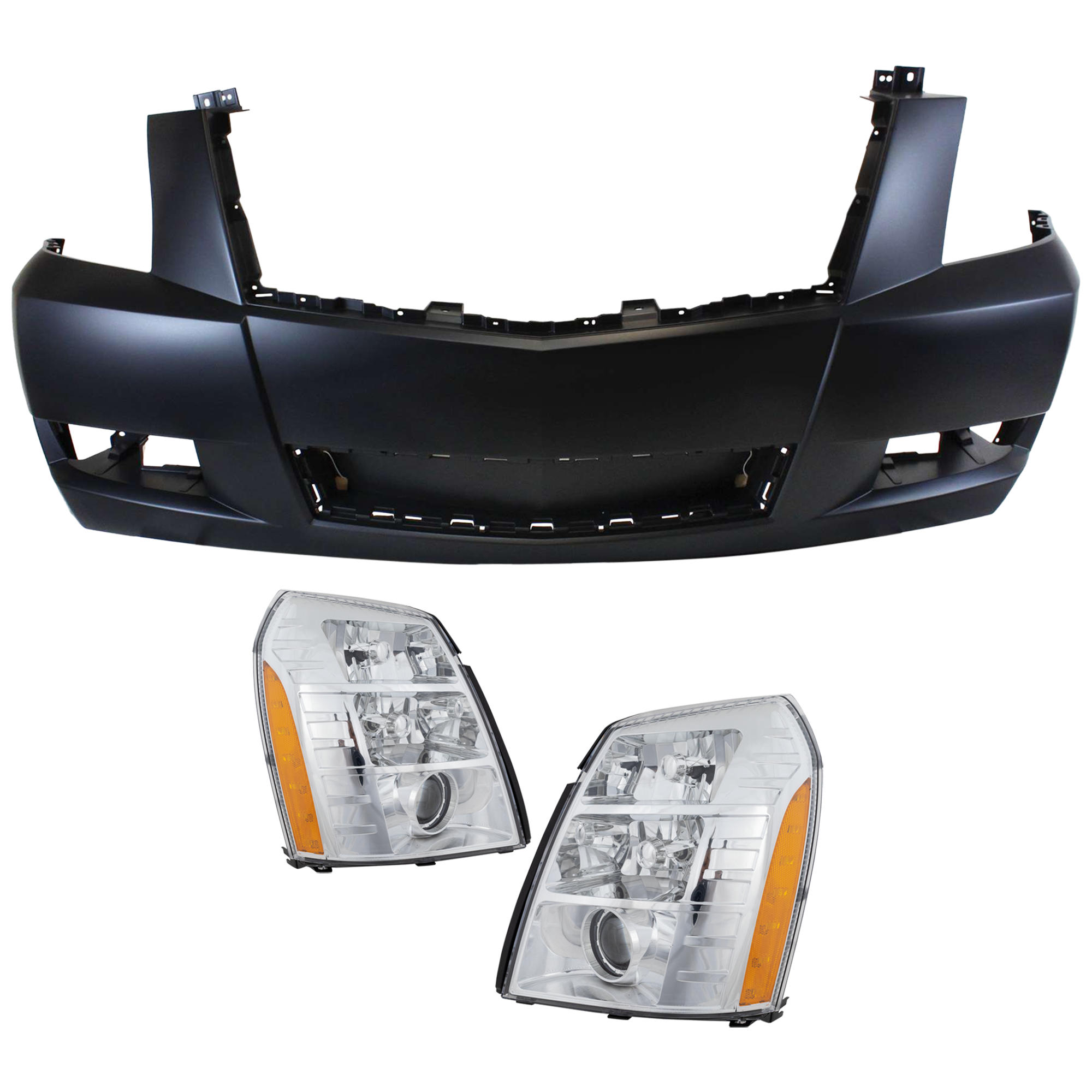 AM ESCALADE ESCALADE ESV 08-09 HEAD LAMP RH AND LH 3 pc Kit Assembly HID Xenon with Bumper Cover SKU KIT 032826-11 Partslink GM2502291 GM2503291 GM1000899 OEM 25897648-25897649-25975452