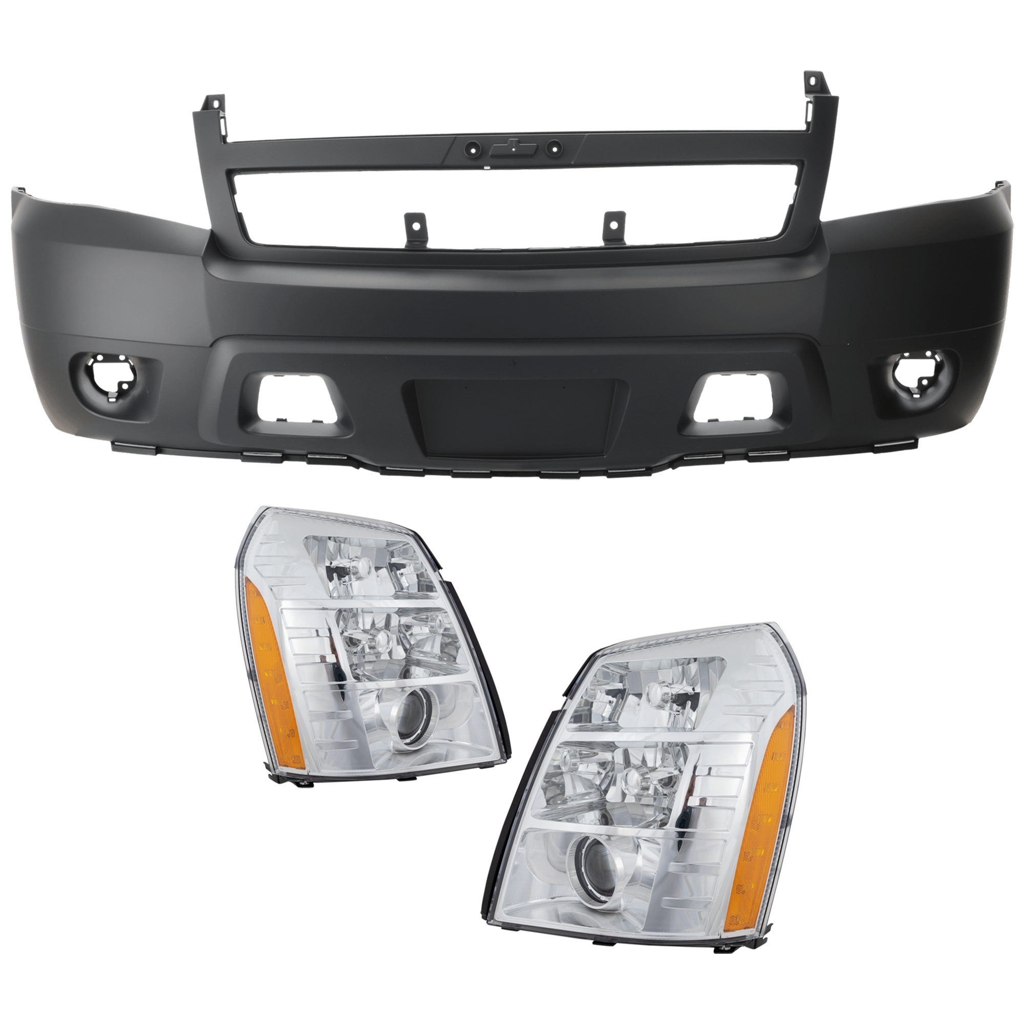 AM SUBURBAN 1500-2500-07-09 HEAD LAMP RH AND LH 3 pc Kit Assembly HID Xenon with Bumper Cover SKU KIT 032826-18 Partslink GM2502291 GM2503291 GM1000817 OEM 25897648-25897649-25814570