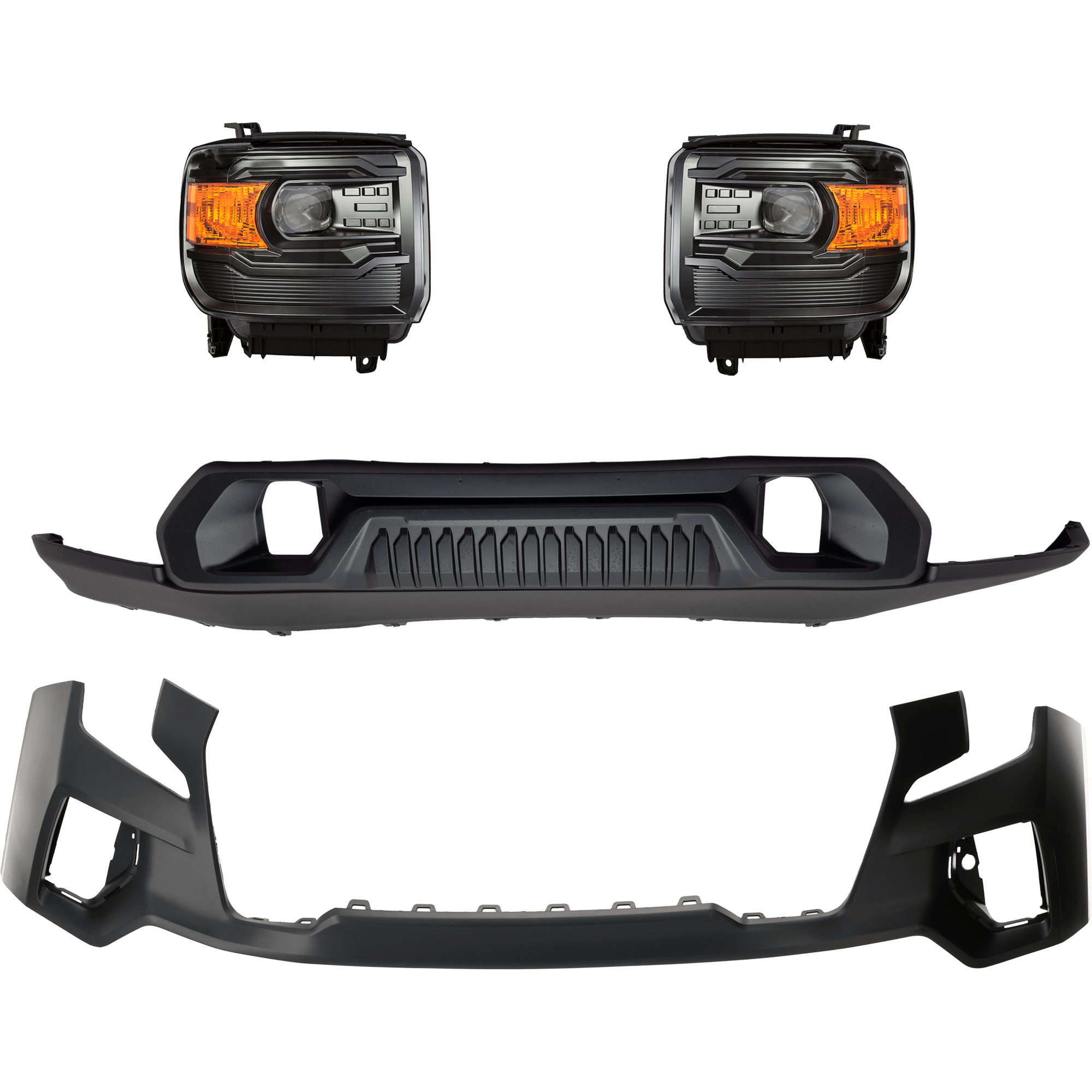 AM SIERRA 1500 LIMITED 19-19 HEAD LAMP RH AND LH Lens and Housing Halogen 4 pc Kit with Bumper Cover SKU KIT 032826-49 Partslink GM1014140 GM1015158 OEM 84228370 PFM 84568272 PFM 8454