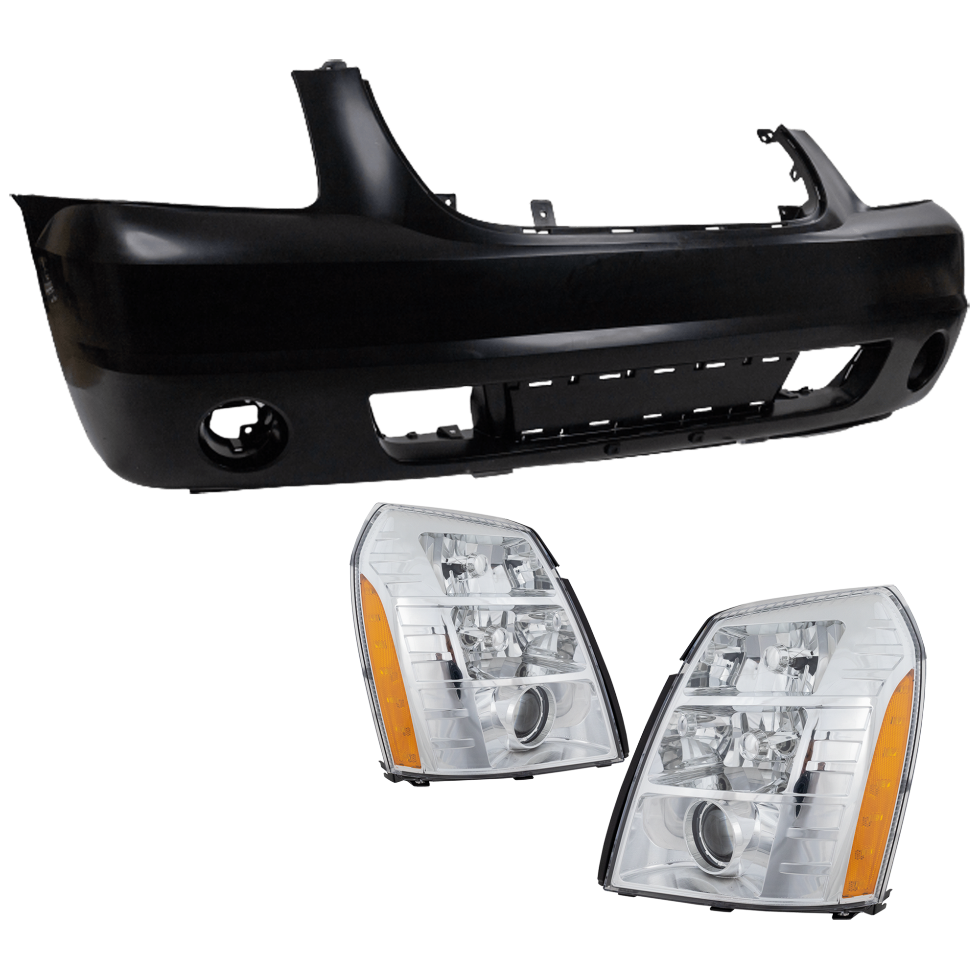 AM YUKON XL 1500-2500-07-09 HEAD LAMP RH AND LH 3 pc Kit Assembly HID Xenon with Bumper Cover SKU KIT 032826-50 Partslink GM2502291 GM2503291 GM1000818 OEM 25897648-25897649-25890766