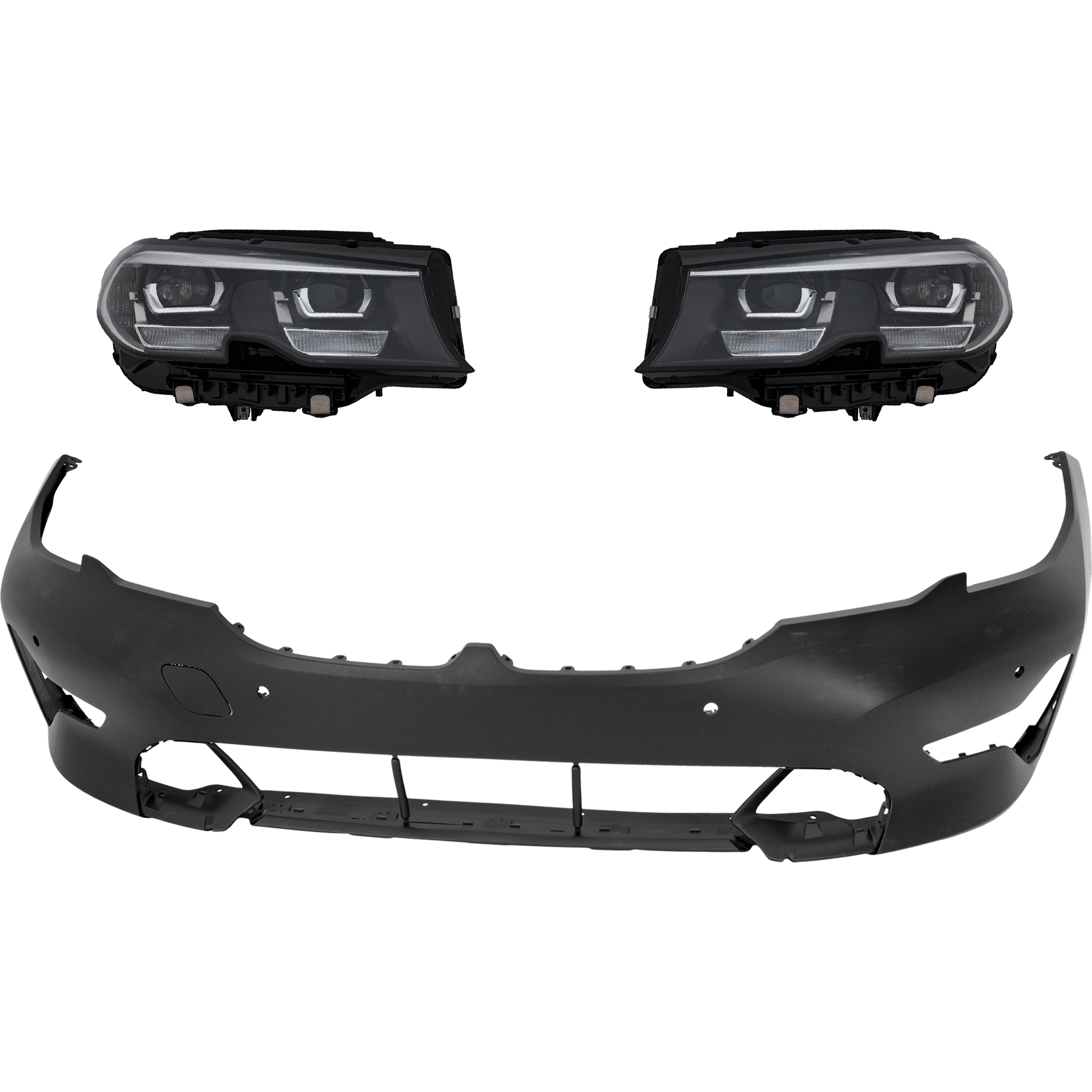 AM 330I 330I XDRIVE 19-22 HEAD LAMP RH AND LH Assembly LED 3 pc Kit with Bumper Cover SKU KIT 032826-57 Partslink BM2502196 BM2503196 BM1000520 OEM 63118496153-63118496154-511184
