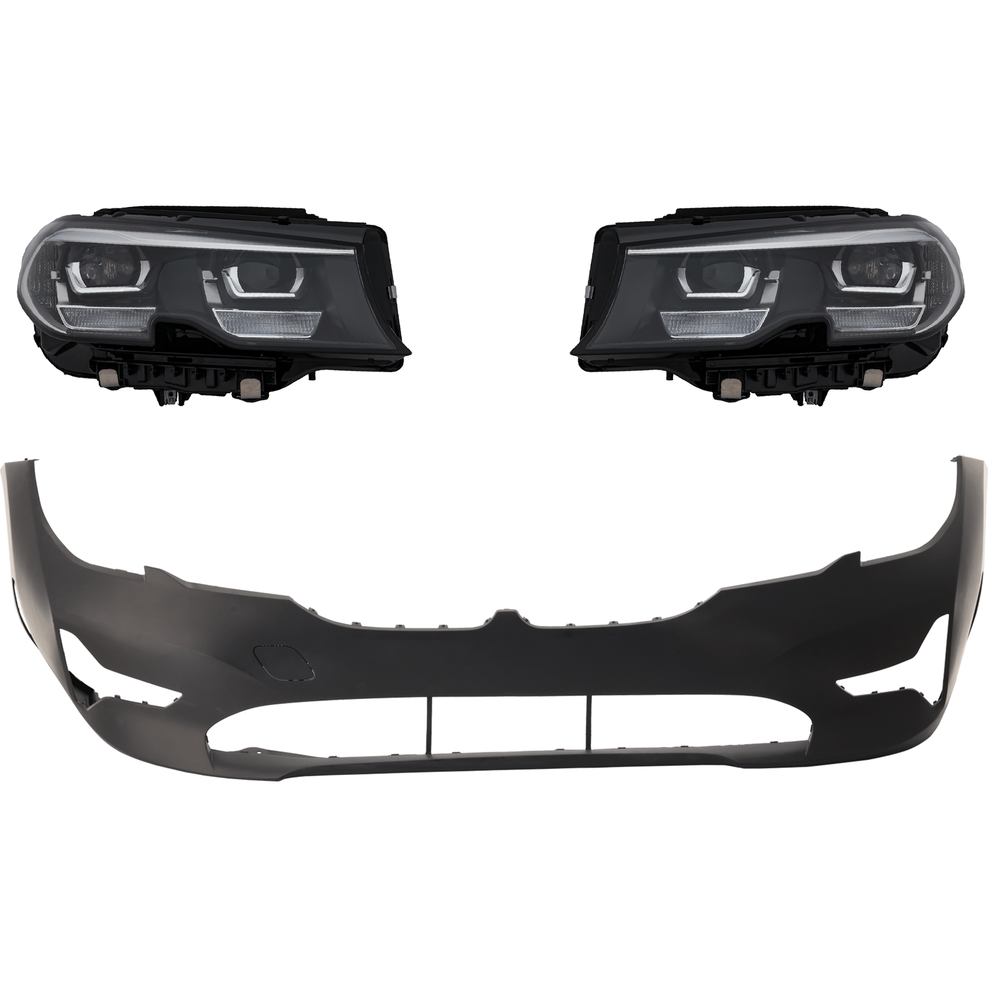 AM 330I 330I XDRIVE 19-22 HEAD LAMP RH AND LH Assembly LED 3 pc Kit with Bumper Cover SKU KIT 032826-66 Partslink BM2502196 BM2503196 BM1000530 OEM 63118496153-63118496154-511184