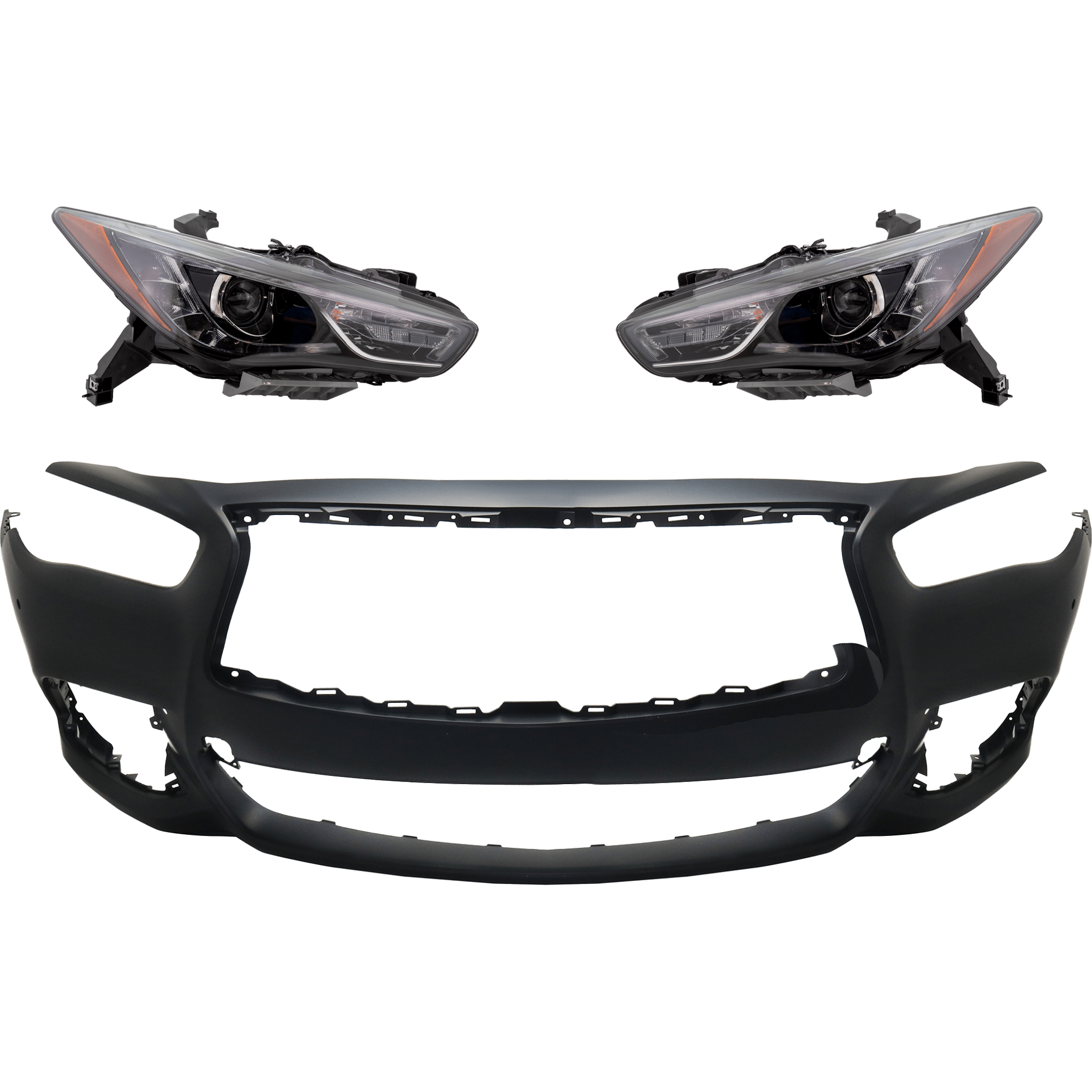AM QX60-17-18 HEAD LAMP RH AND LH 3 pc Kit Assembly HID Xenon with Bumper Cover CAPA SKU KIT 032826-67 Partslink IN1000274C IN2502175C IN2503175C OEM 260109NF0D 260609NF0D 620229NC