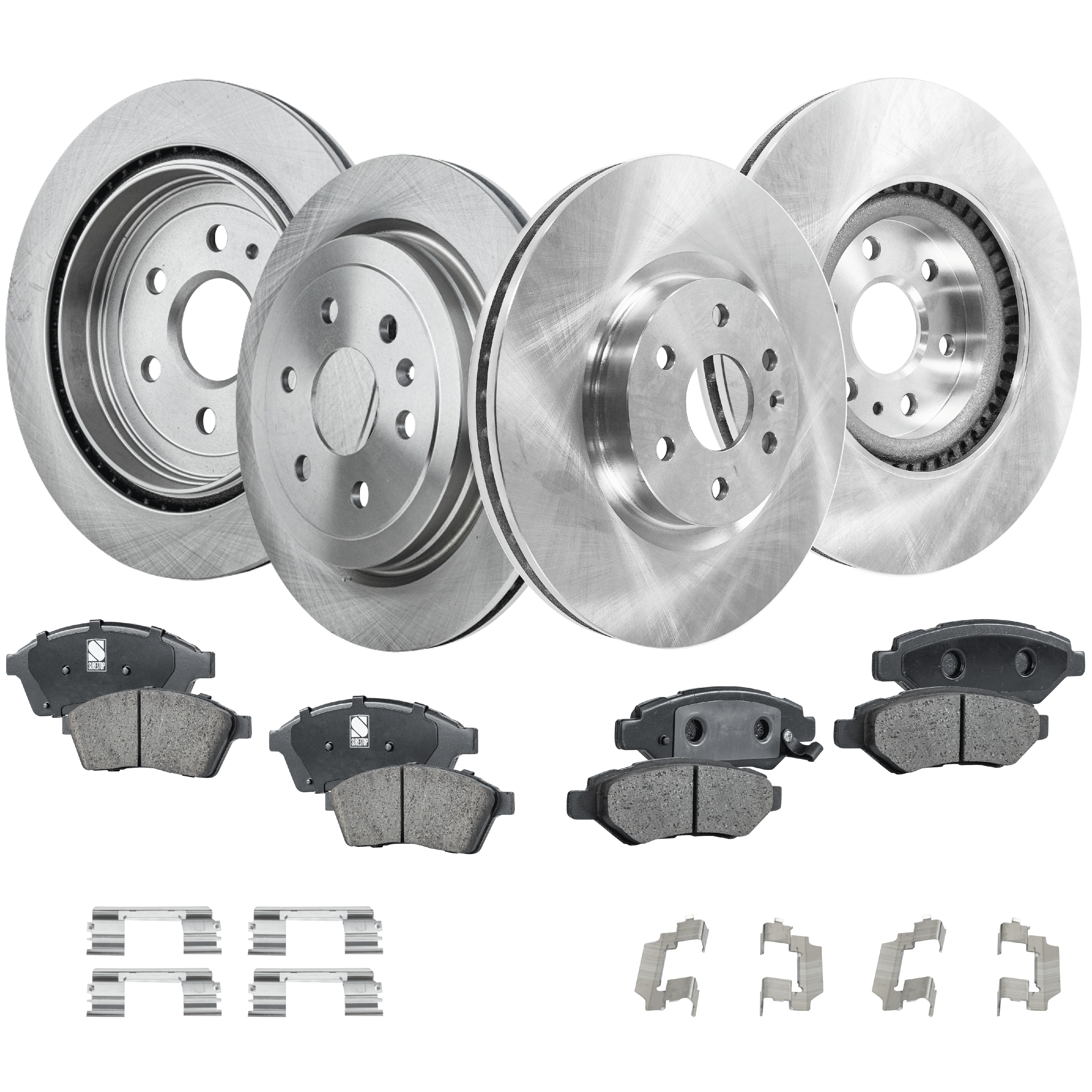 AM SRX 11-16 FRONT AND REAR BRAKE DISC AND PAD KIT 8 pc kit Plain Surface SKU KIT 032921-04-14 OEM 13501318-13501317-20876917-209