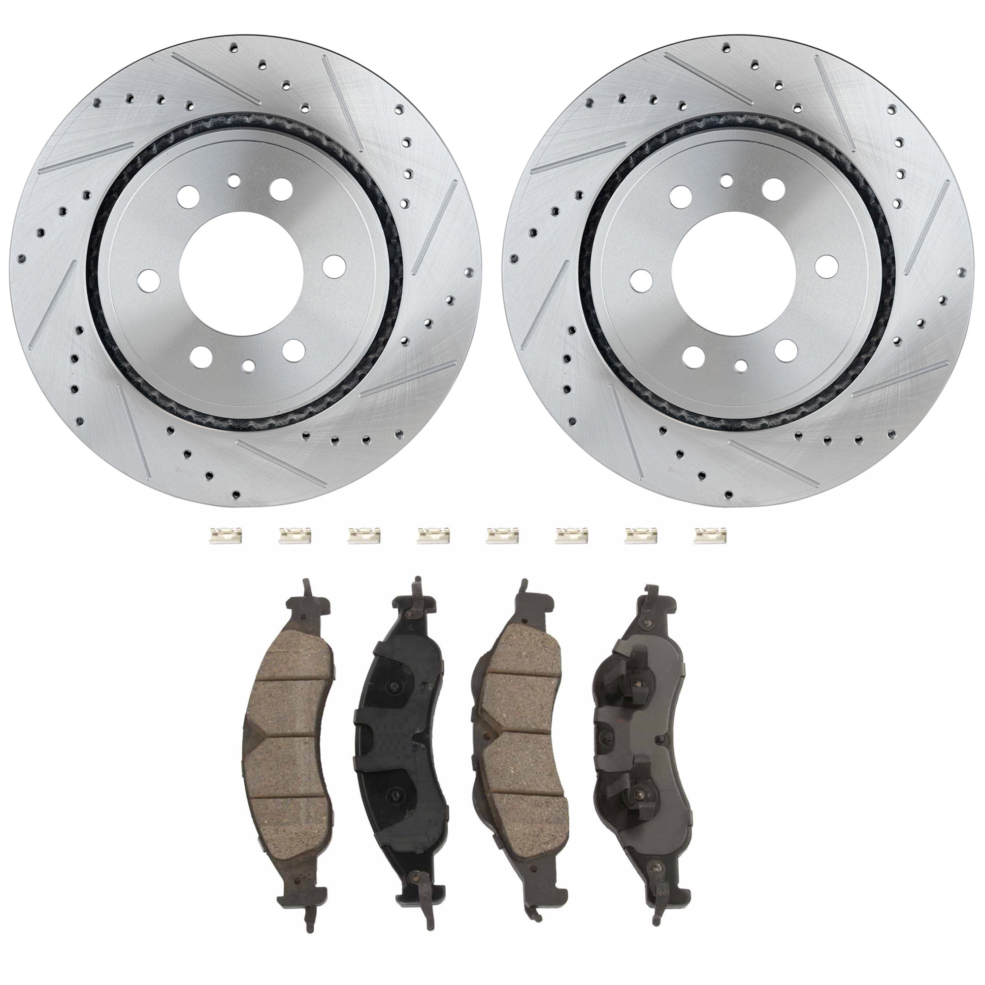 AM EXPEDITION 07-09 NAVIGATOR 07-10 FRONT BRAKE DISC AND PAD KIT 2 Wheel Set Cross drilled and Slotted SKU KIT 032921-04-54 OEM 42251-54153-60410-900368-90084