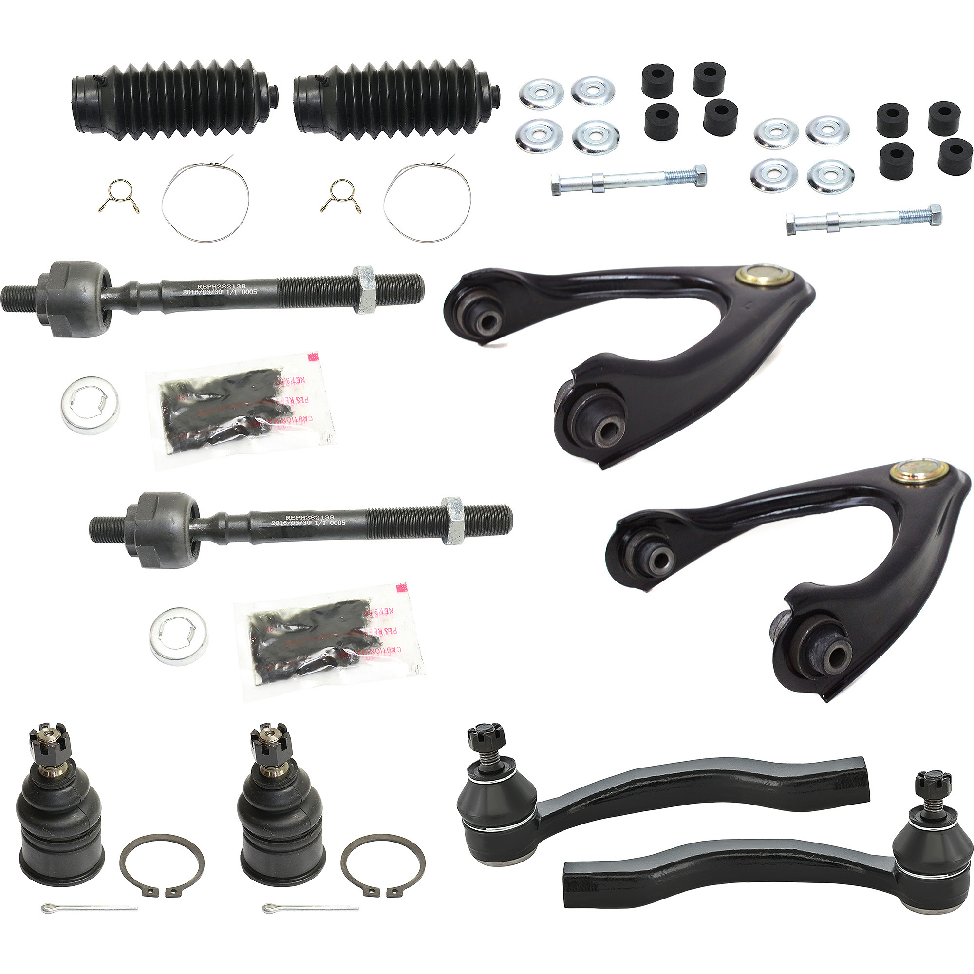AM CIVIC 96-00 FRONT CONTROL ARM KIT RH AND LH Upper 12 pc kit with Ball Joints Steering Rack Boots Sway Bar Links and Tie Rod Ends SKU KIT 032921-04-57 OEM 104216-254007-1014786-2601427