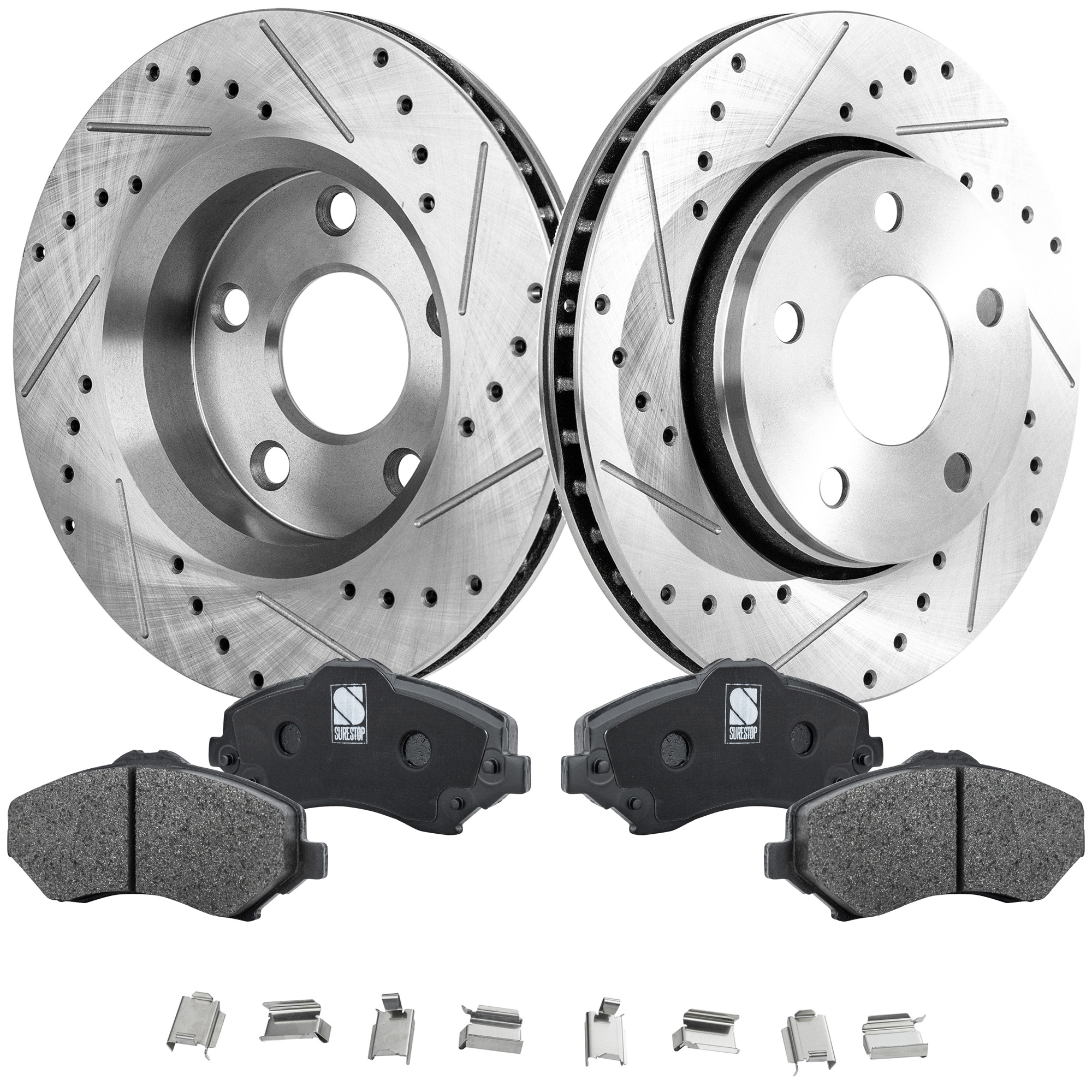 AM WRANGLER 07-17 FRONT BRAKE DISC AND PAD KIT 4 pc Kit Cross drilled and Slotted SKU KIT 032921-04-61 OEM 90042030-780518FZN 68003701AA