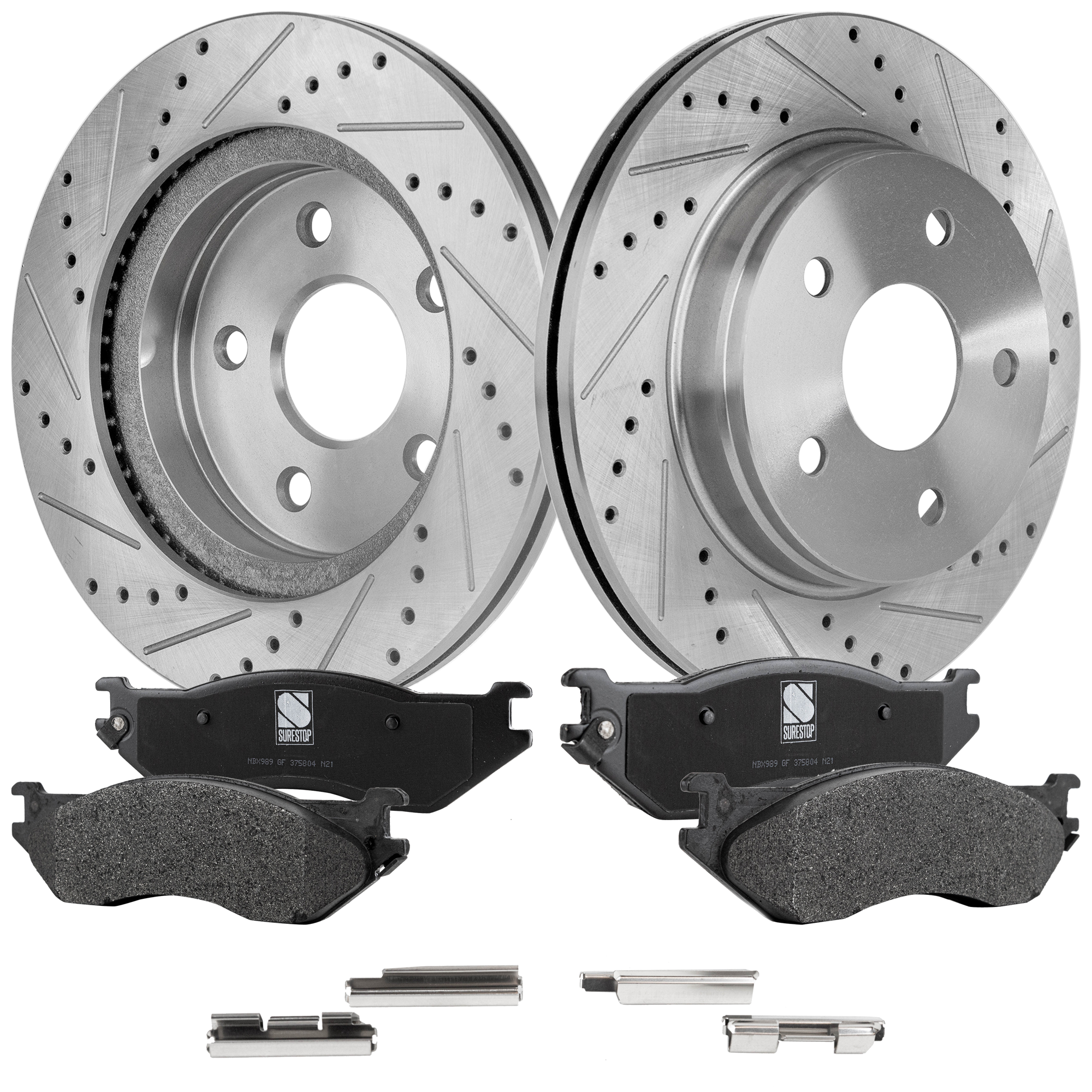 AM DODGE RAM 1500 P U 02-02 FRONT BRAKE DISC AND PAD KIT 4 pc Kit Cross drilled and Slotted SKU KIT 033023-04 OEM 2414-19966-53005-145381-491190