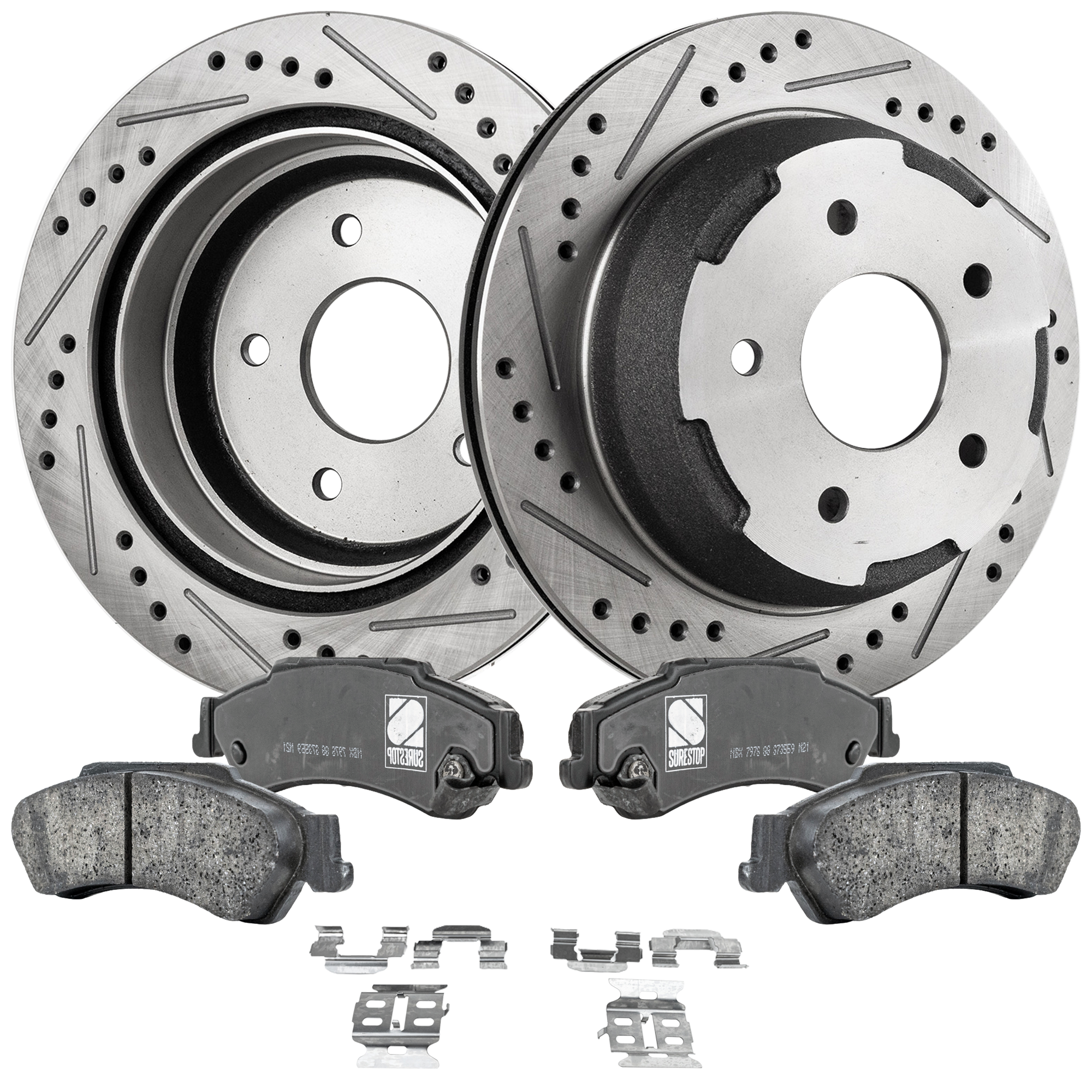 AM BLAZER 98-05 JIMMY 97-01 REAR BRAKE DISC AND PAD KIT 4 pc kit Cross drilled and Slotted SKU KIT 033023-09 OEM 27277-55049-56725-86725-101609