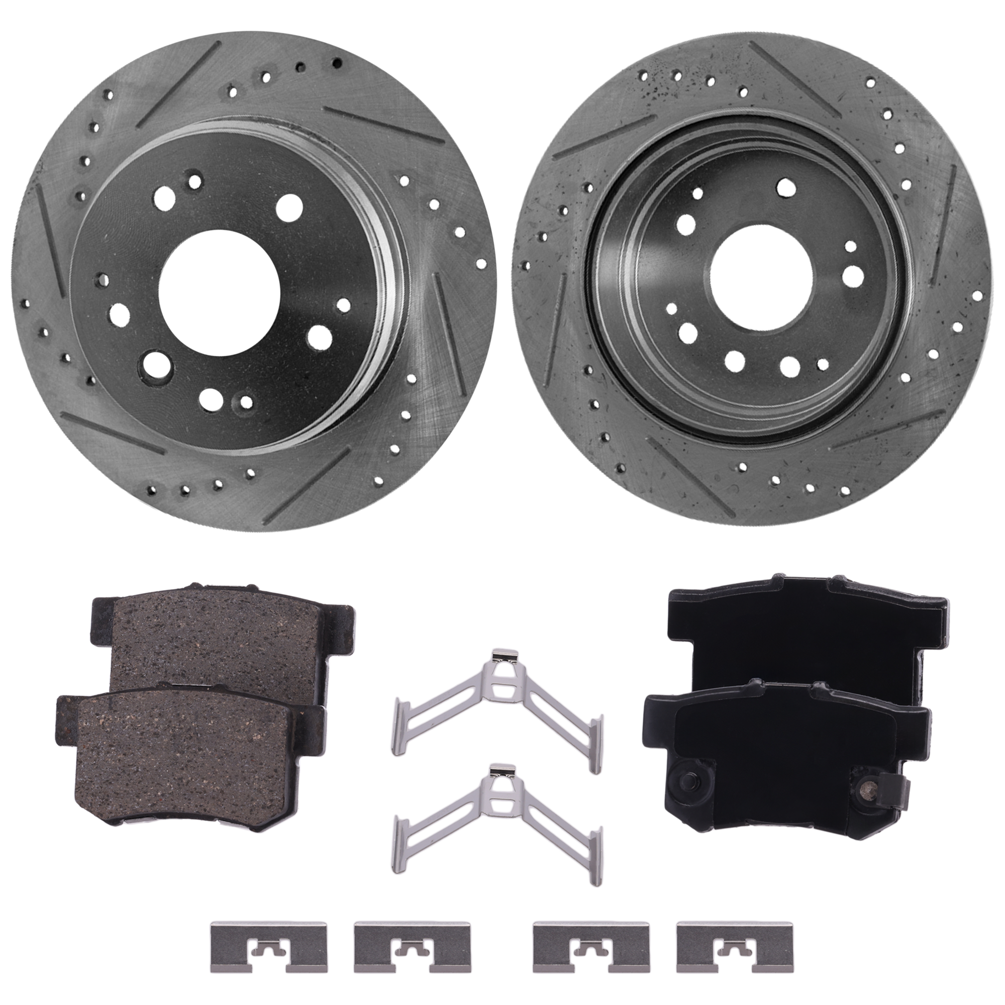 AM TL 04-08 ELEMENT 03-11 REAR BRAKE DISC AND PAD KIT 4 pc kit Cross drilled and Slotted SKU KIT 033023-11 OEM 31316-145423-980151-48880151-6