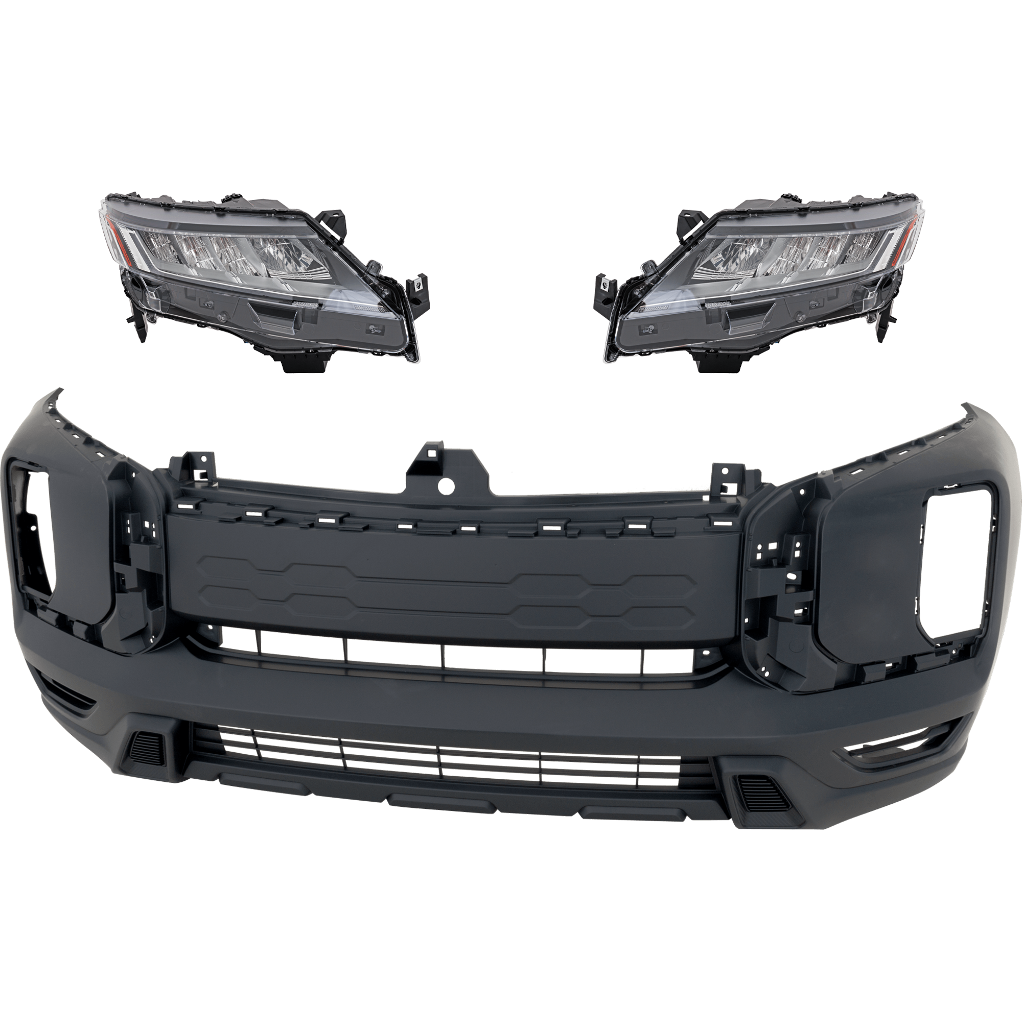 AM OUTLANDER SPORT RVR 21-24 HEAD LAMP RH AND LH 3 pc Kit Assembly LED with Bumper Cover CAPA SKU KIT 040126-07 Partslink MI1000351C MI2502176C MI2503176C OEM 62022WE10P 62022W030P 8301D571