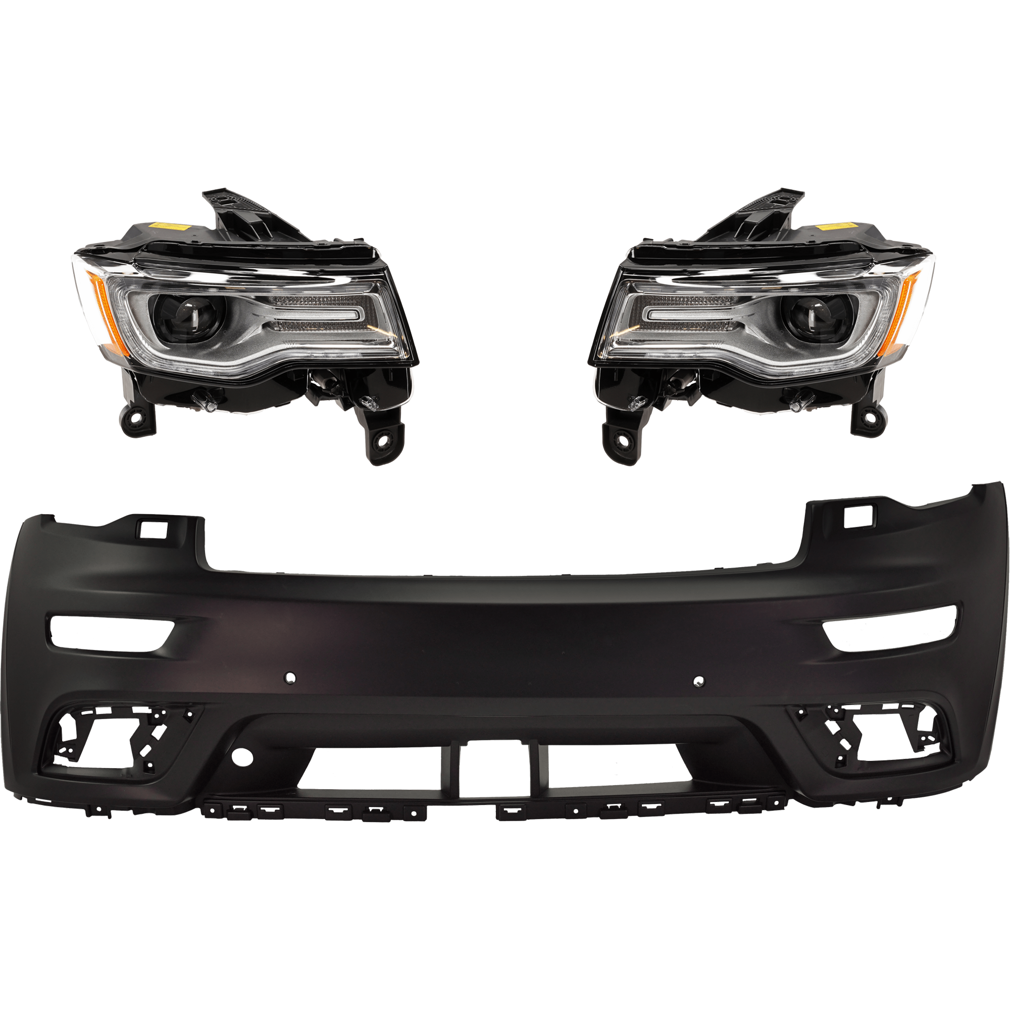 AM GRAND CHEROKEE 17-21 HEAD LAMP RH AND LH 3 pc Kit Assembly HID Xenon Summit Model with Bumper Cover SKU KIT 040126-38 Partslink CH2502315 CH2503315 CH1000A40 OEM 68266660AI 68266661AI 68335064