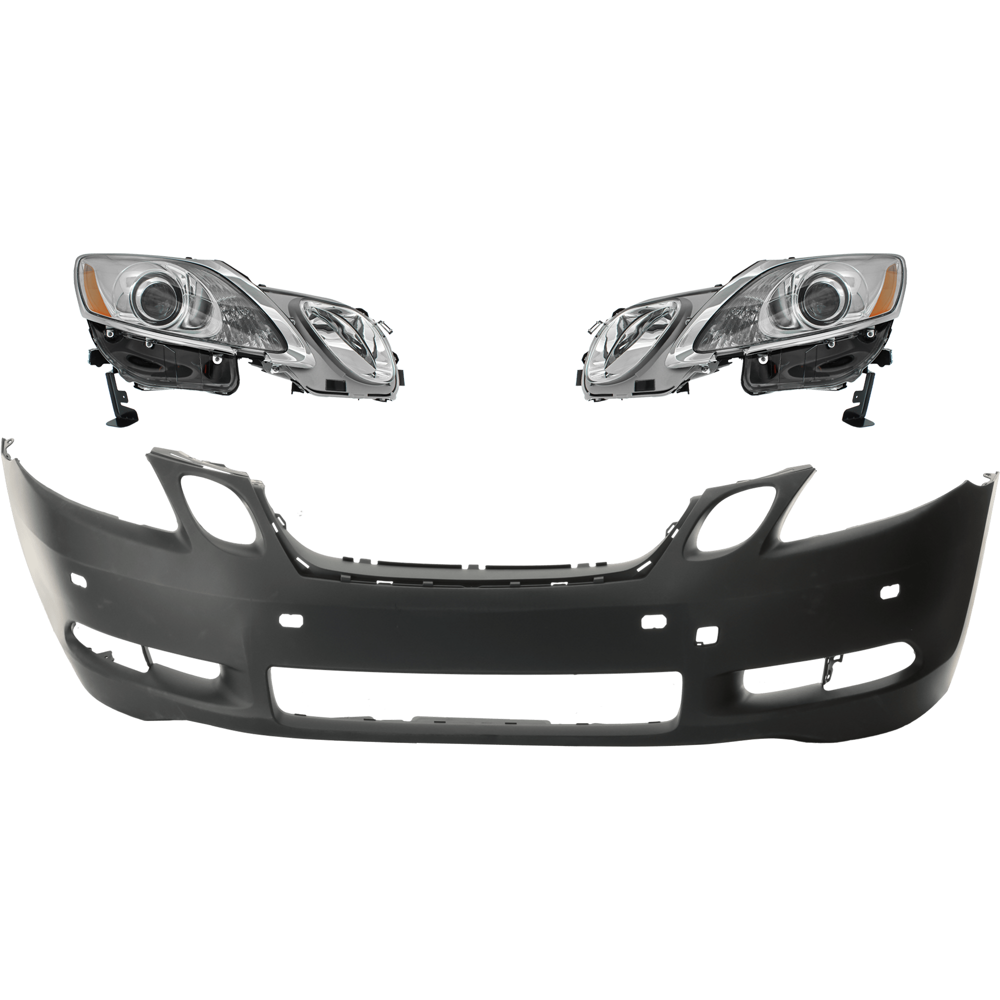 AM GS350 GS430-07-07 HEAD LAMP RH AND LH Lens and Housing HID Xenon 3 pc Kit w o Adaptive Headlight w HLW Holes with Bumper Cover SKU KIT 040126-45 Partslink LX2518156 LX2519156 LX1000151 OEM 8107030B82-8114030B71-52119309