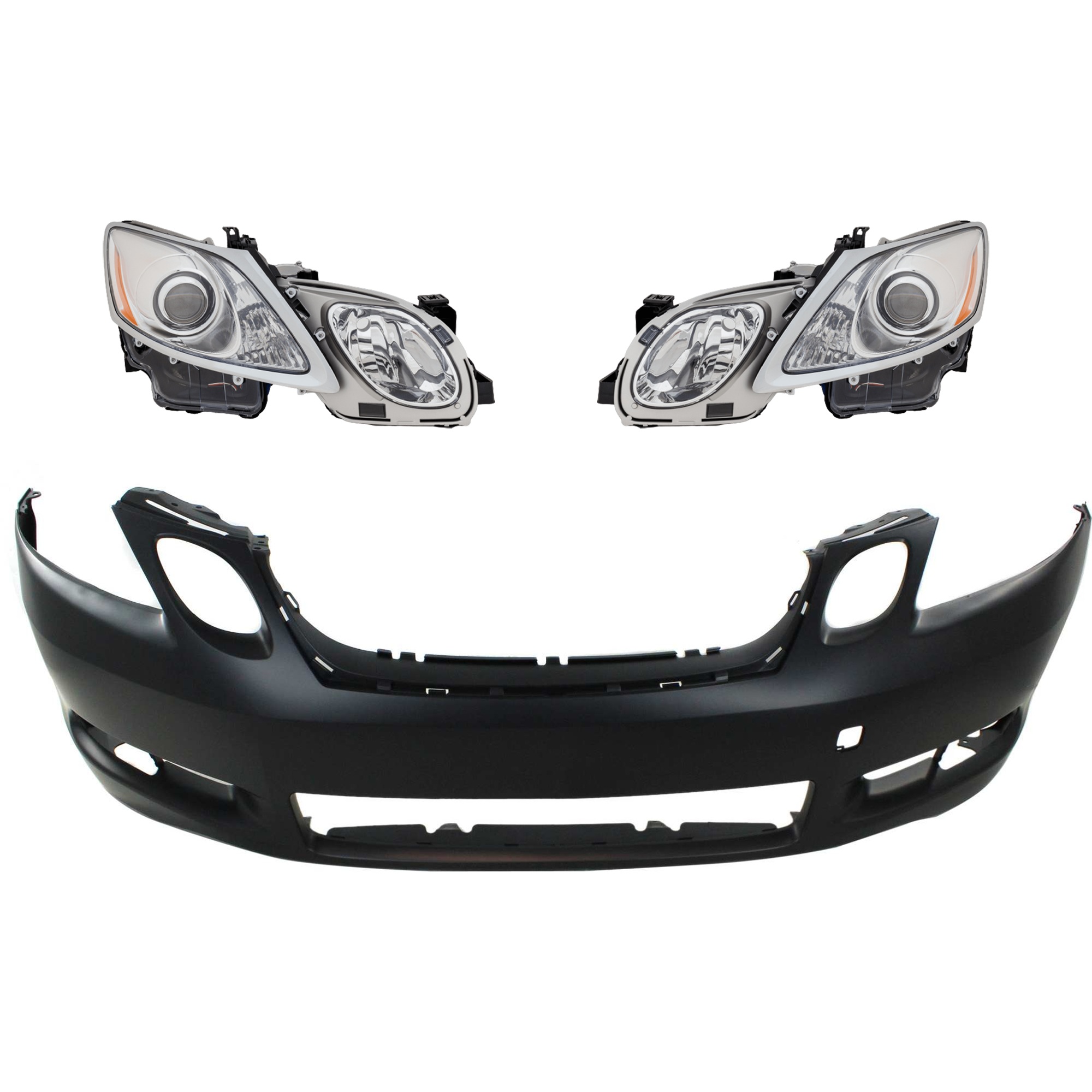 AM GS350 GS430-07-07 HEAD LAMP RH AND LH Lens and Housing Halogen 3 pc Kit w Adaptive Headlight w o Headlight Washer Holes with Bumper Cover SKU KIT 040126-48 Partslink LX2518164 LX2519164 LX1000154 OEM 8107030B52-8114030B41-52119309