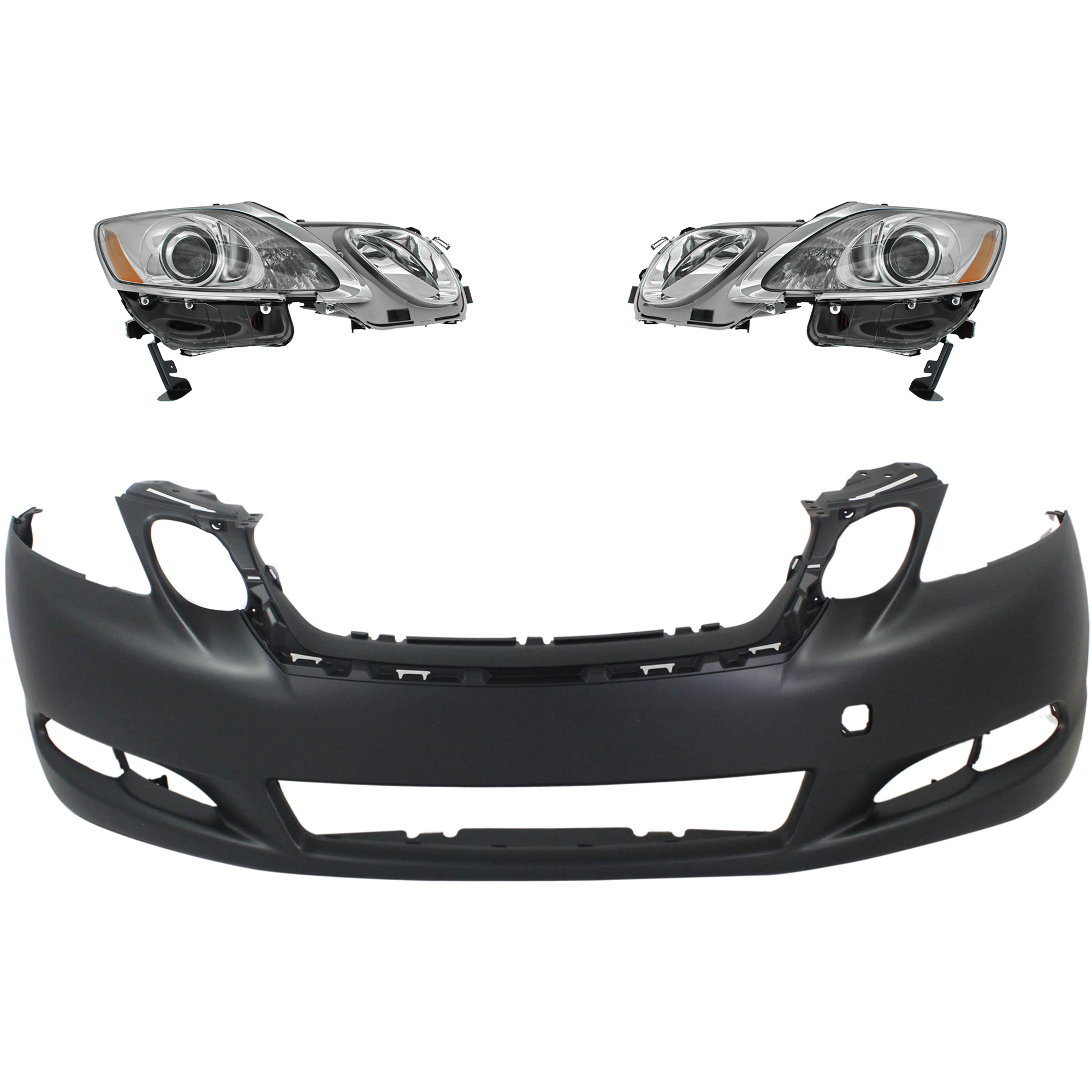 AM GS350 GS460-08-11 HEAD LAMP RH AND LH Lens and Housing HID Xenon 3 pc Kit w o Adaptive Headlight w HLW Holes with Bumper Cover SKU KIT 040126-49 Partslink LX2518156 LX2519156 LX1000175 OEM 8107030B82-8114030B71-52119309