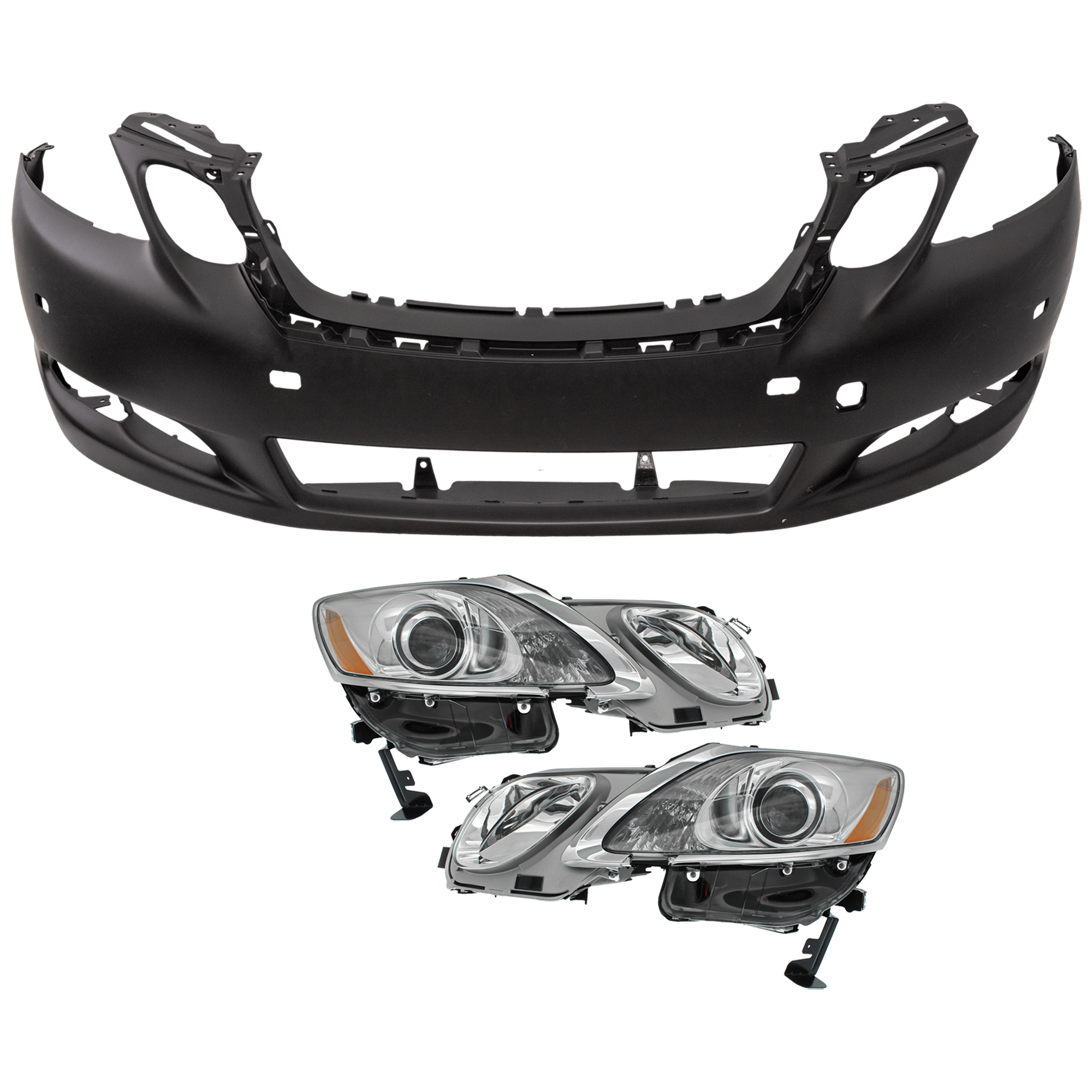 AM GS350 GS460-08-11 HEAD LAMP RH AND LH Lens and Housing HID Xenon 3 pc Kit w o Adaptive Headlight w HLW Holes with Bumper Cover SKU KIT 040126-50 Partslink LX2518156 LX2519156 LX1000177 OEM 8107030B82-8114030B71-52119309