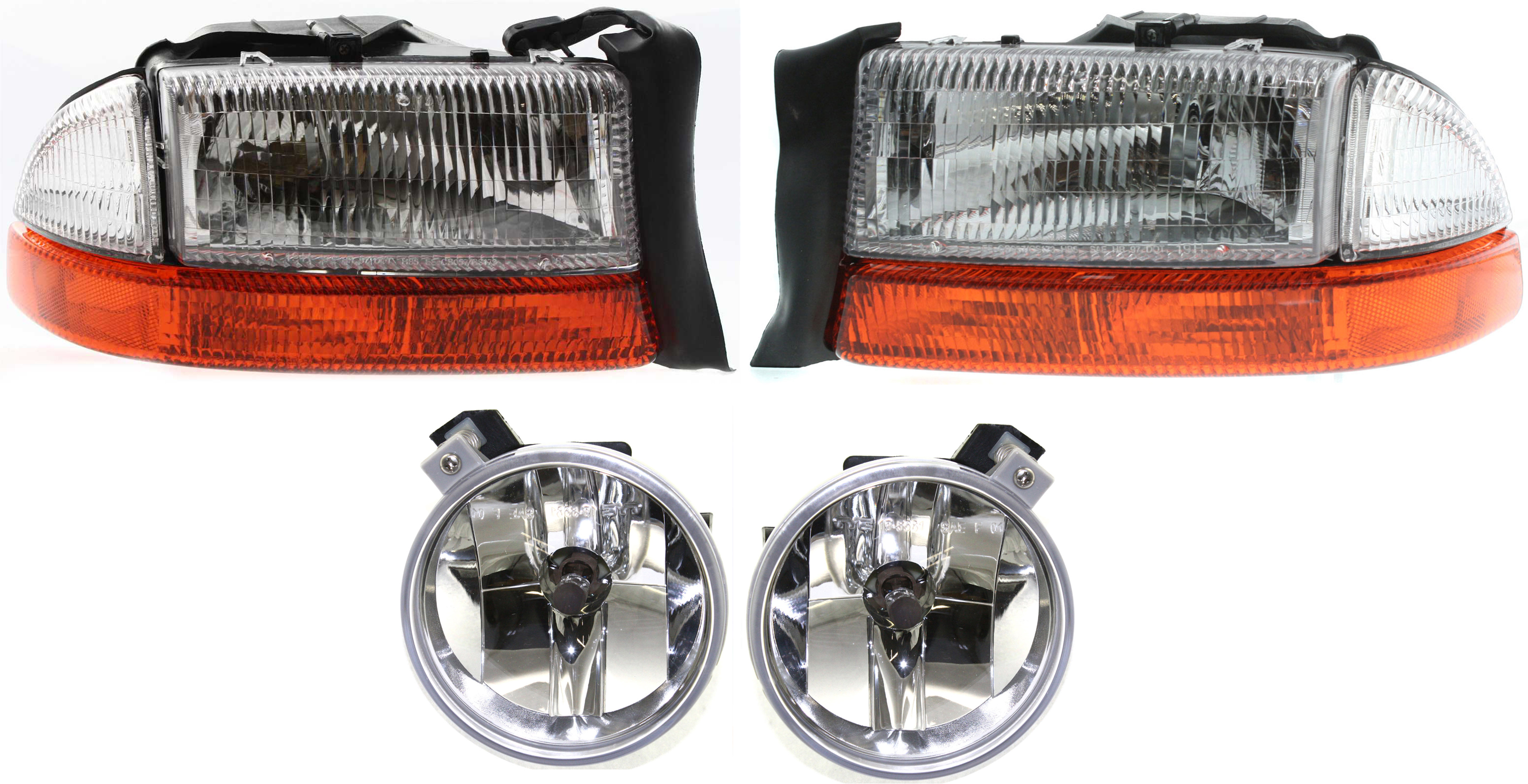AM DAKOTA 01-04 DURANGO 01-03 HEAD LAMP RH AND LH Assembly Halogen 4 pc Kit with Fog Lights SKU KIT 040417-05 Partslink CH2503122 CH2502122 CH2592113 OEM 55055110AI 55055111AI 55077320