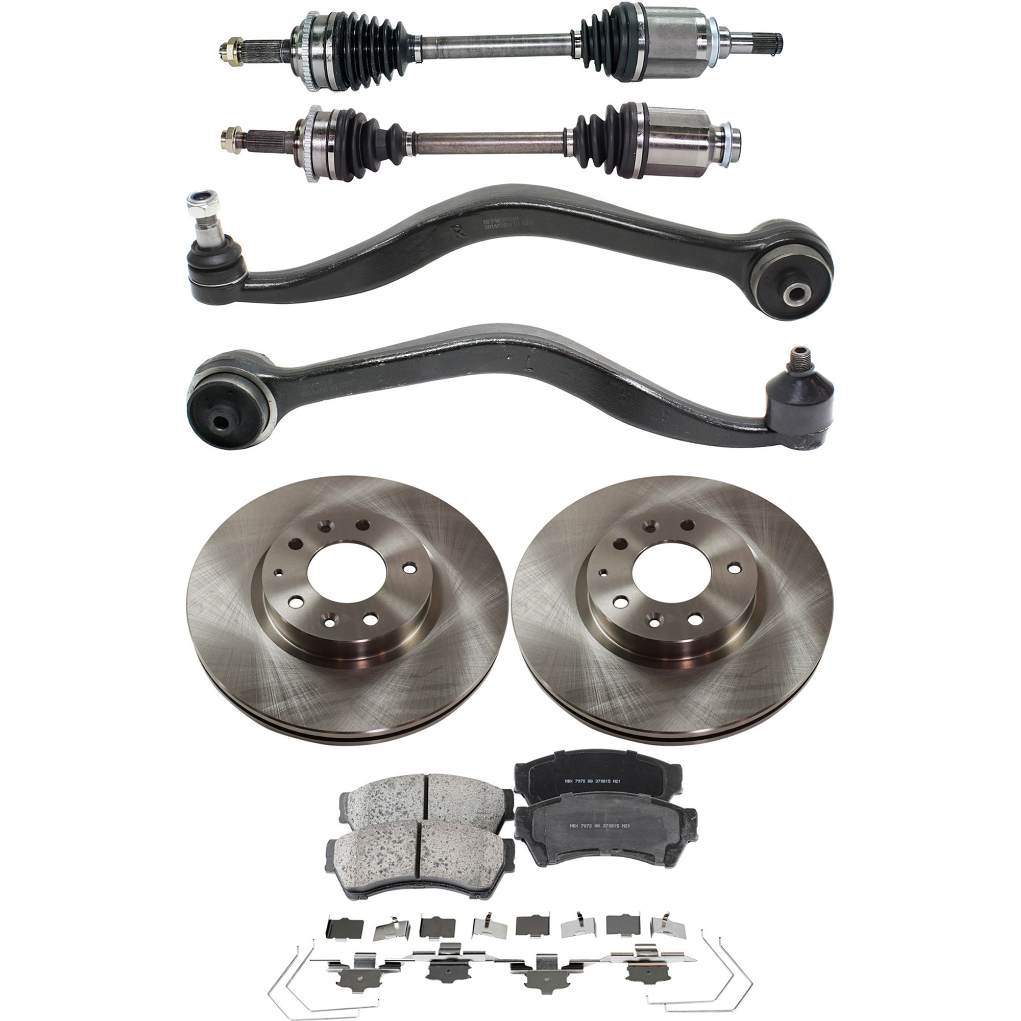 AM FUSION 10-12 MKZ 12-12 FRONT CV AXLE ASSEMBLY RH AND LH 8 pc kit with Brake Discs Brake Pad Set and Control Arms Hybrid Model SKU KIT 040422-027 OEM 6E5Z1125AA GP7Y3325XB 9E5Z1125